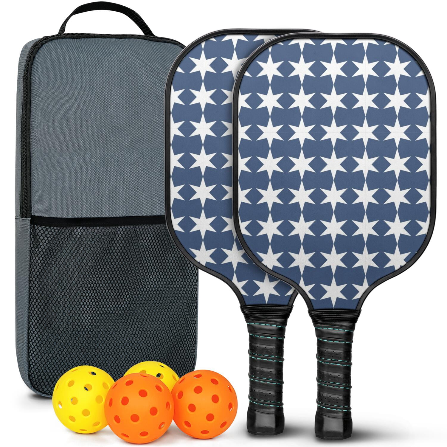 Pickleball Paddles Set Of 2, Fiberglass Surface, USA, Independence Day Print, 4 Balls & Bag