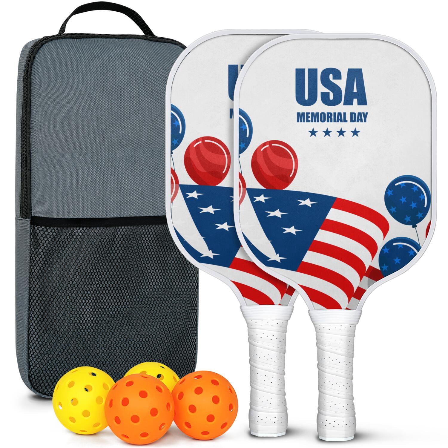 Pickleball Paddles Set Of 2, Fiberglass Surface, USA, Independence Day Print, 4 Balls & Bag