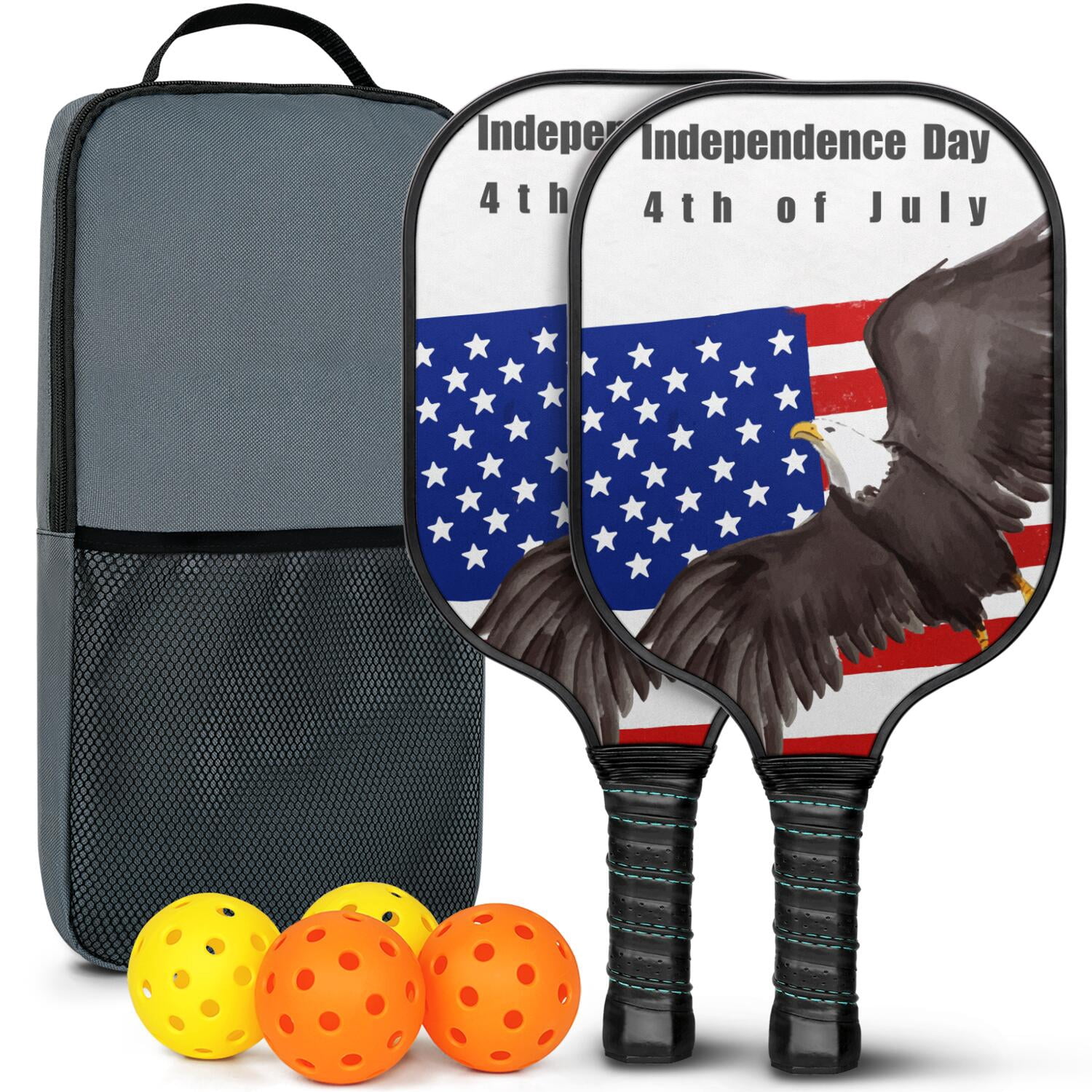 Pickleball Paddles Set Of 2, Fiberglass Surface, USA, Independence Day Print, 4 Balls & Bag