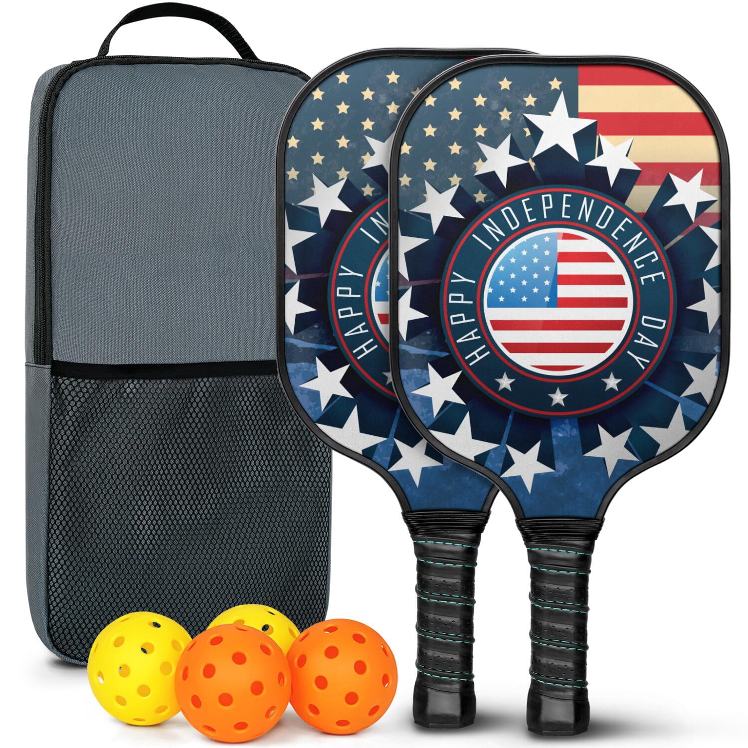Pickleball Paddles Set Of 2, Fiberglass Surface, USA, Independence Day Print, 4 Balls & Bag