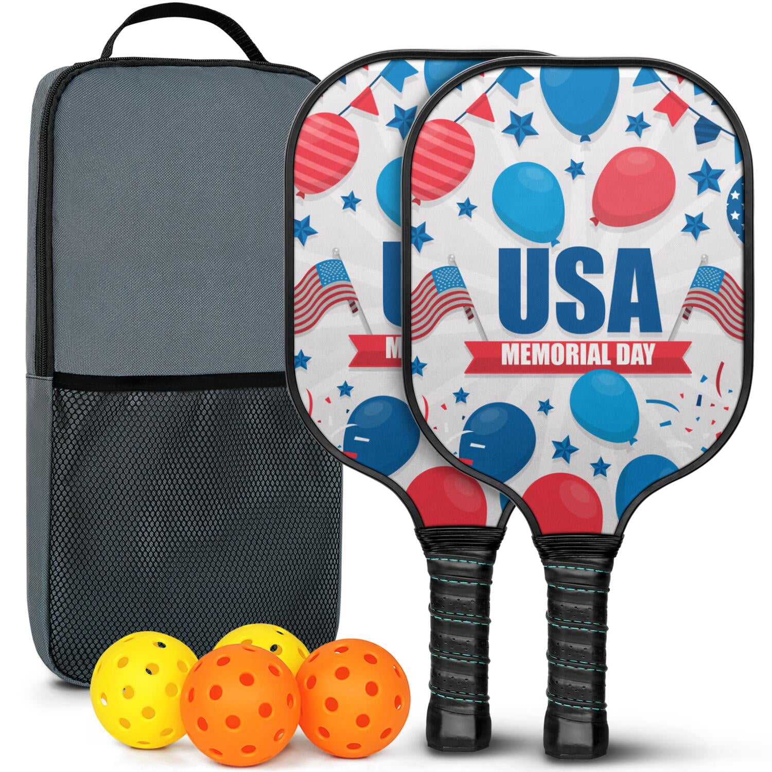 Pickleball Paddles Set Of 2, Fiberglass Surface, USA, Independence Day Print, 4 Balls & Bag