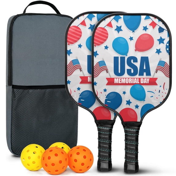 Pickleball Paddles Set Of 2, Fiberglass Surface, USA, Independence Day Print, 4 Balls & Bag