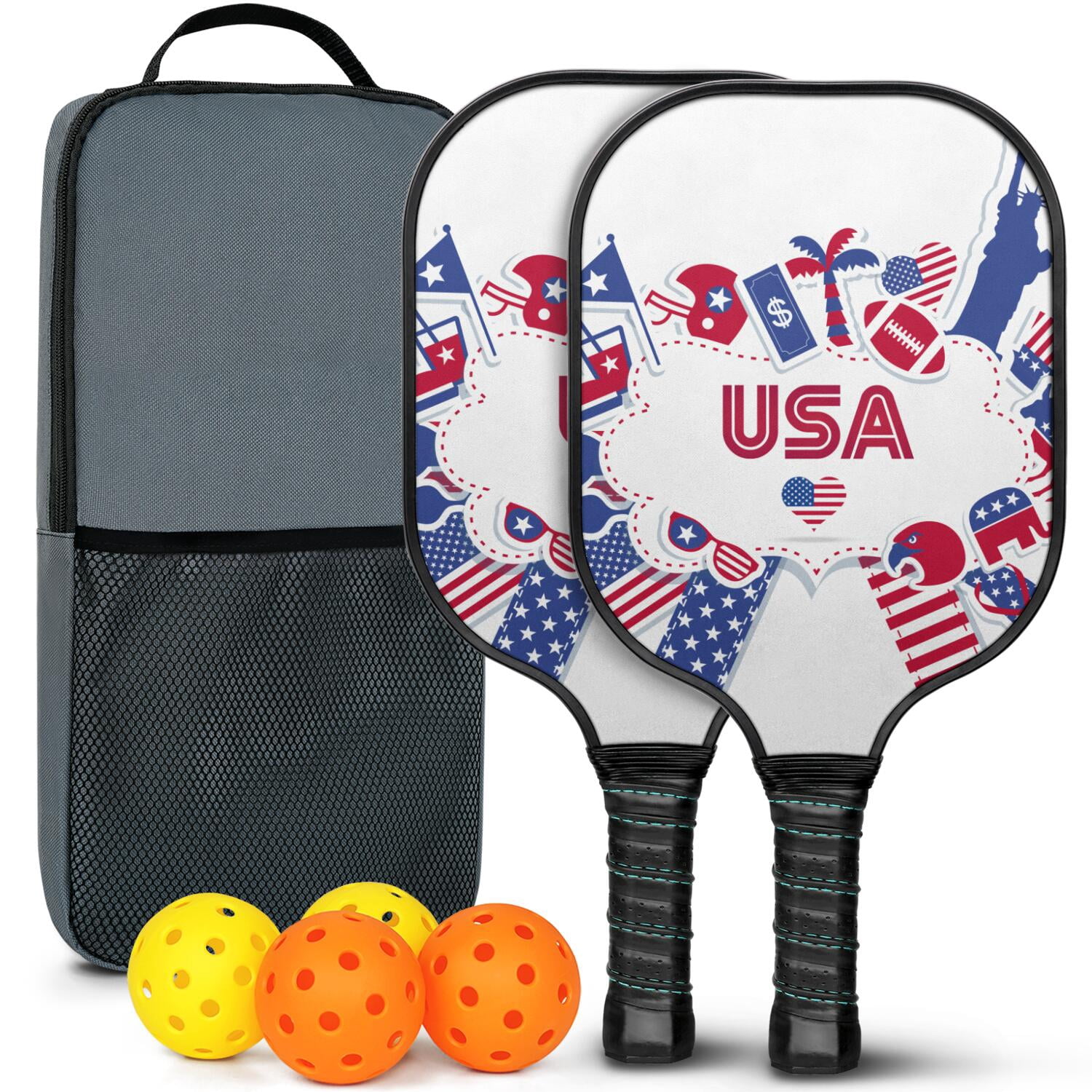 Pickleball Paddles Set Of 2, Fiberglass Surface, USA, Independence Day Print, 4 Balls & Bag