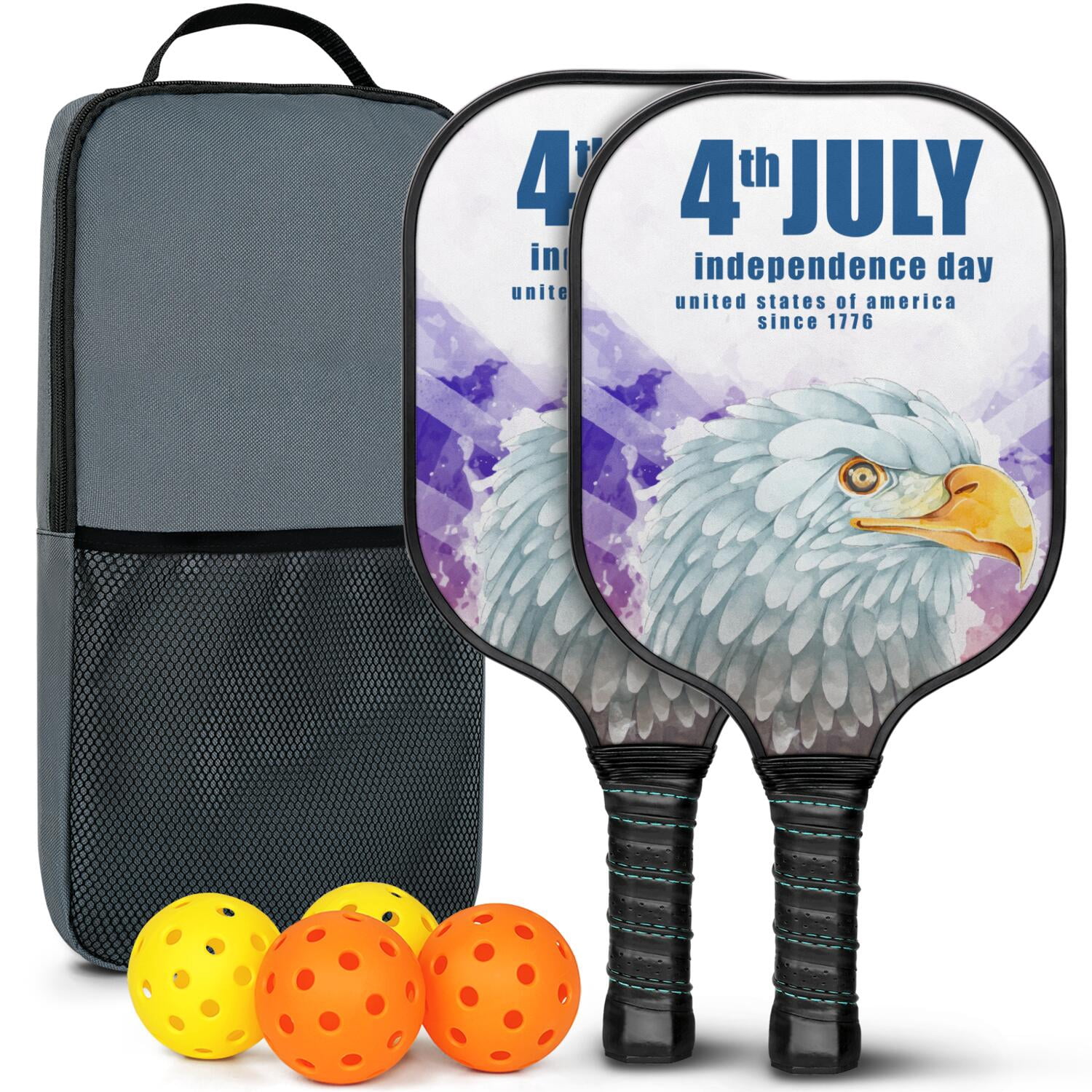 Pickleball Paddles Set Of 2, Fiberglass Surface, USA, Independence Day Print, 4 Balls & Bag