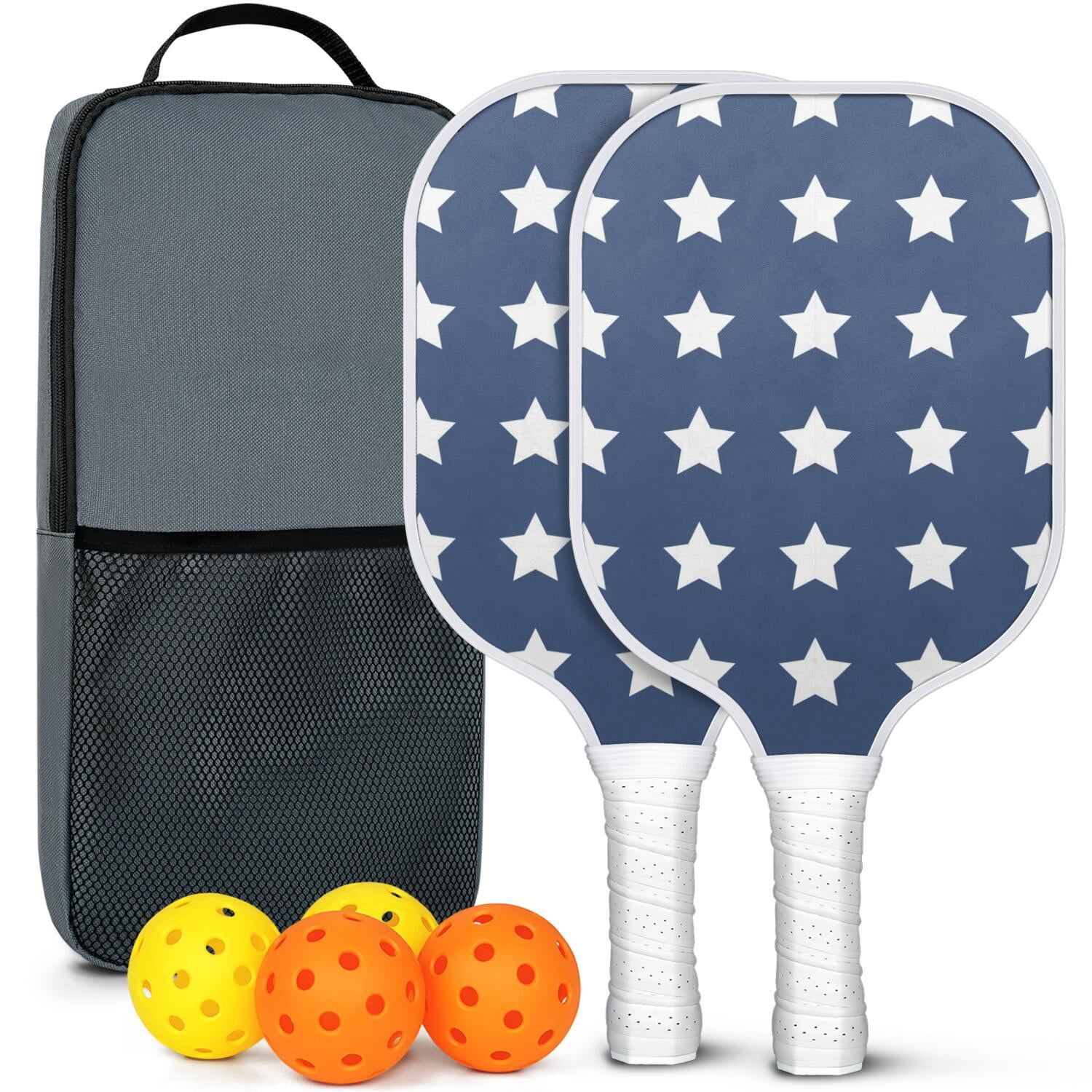Pickleball Paddles Set Of 2, Fiberglass Surface, USA, Independence Day Print, 4 Balls & Bag