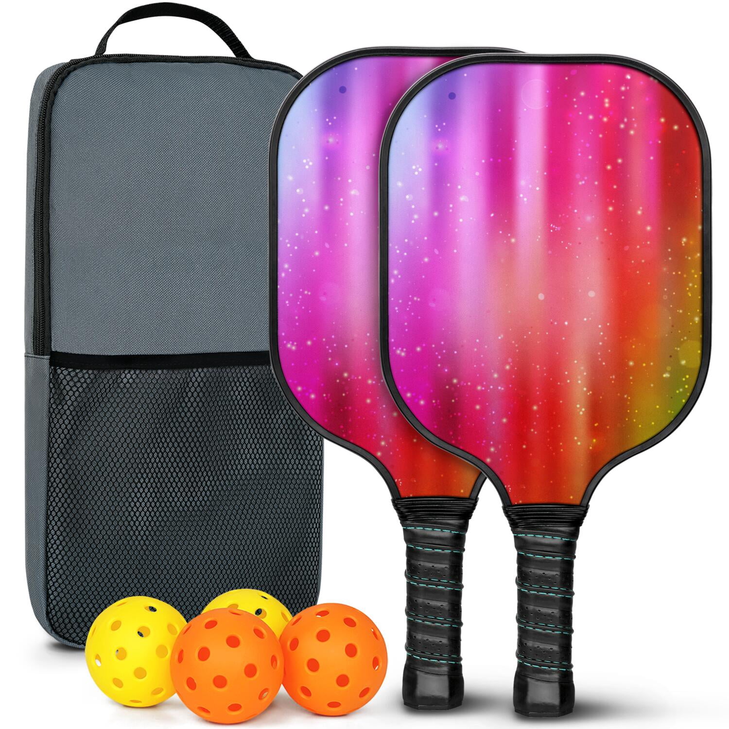 Pickleball Paddles Set Of 2, Fiberglass Surface, Vibrant Rainbow Print, 4 Balls & Bag