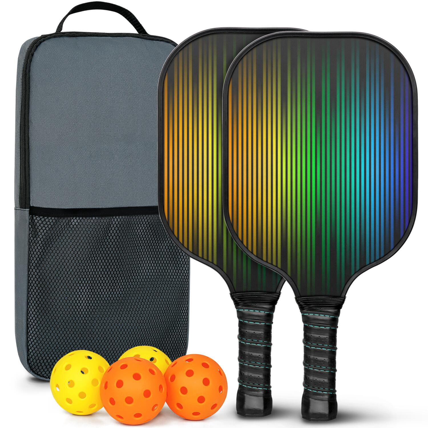 Pickleball Paddles Set Of 2, Fiberglass Surface, Vibrant Rainbow Print, 4 Balls & Bag