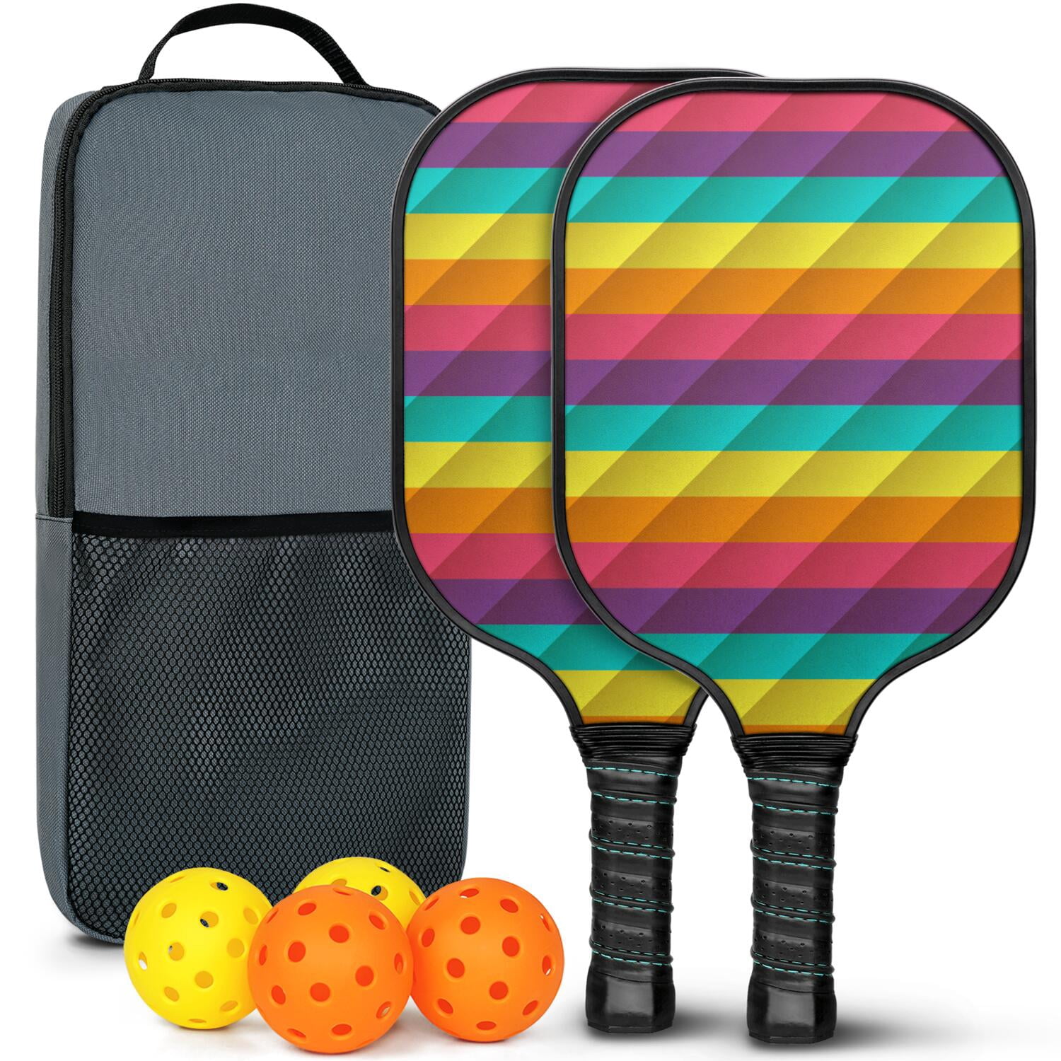 Pickleball Paddles Set Of 2, Fiberglass Surface, Vibrant Rainbow Print, 4 Balls & Bag