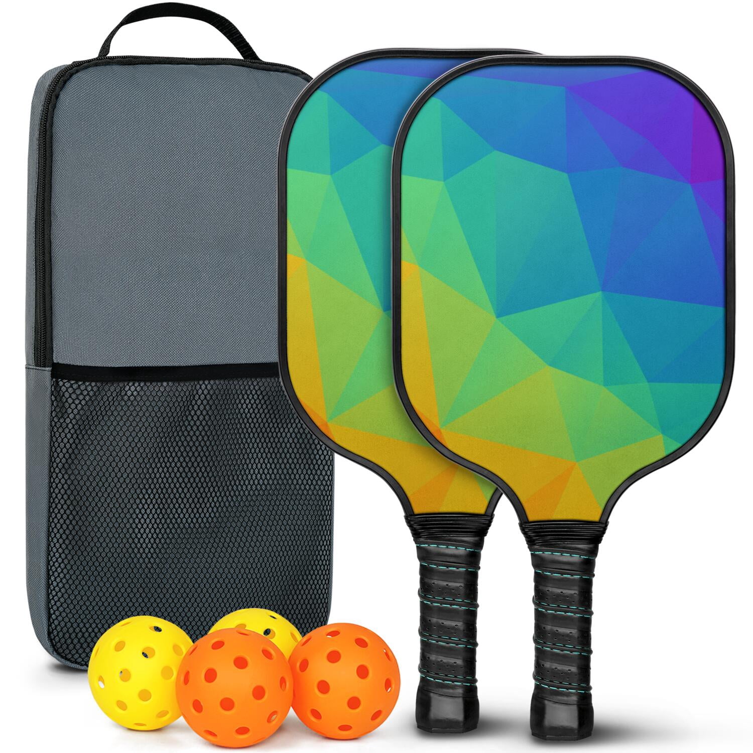 Pickleball Paddles Set Of 2, Fiberglass Surface, Vibrant Rainbow Print, 4 Balls & Bag