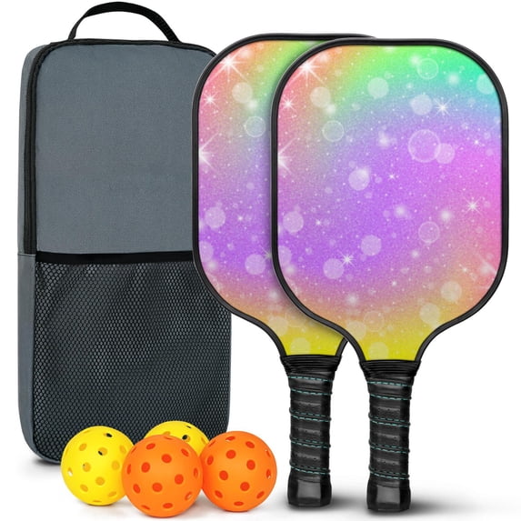Pickleball Paddles Set Of 2, Fiberglass Surface, Vibrant Rainbow Print, 4 Balls & Bag