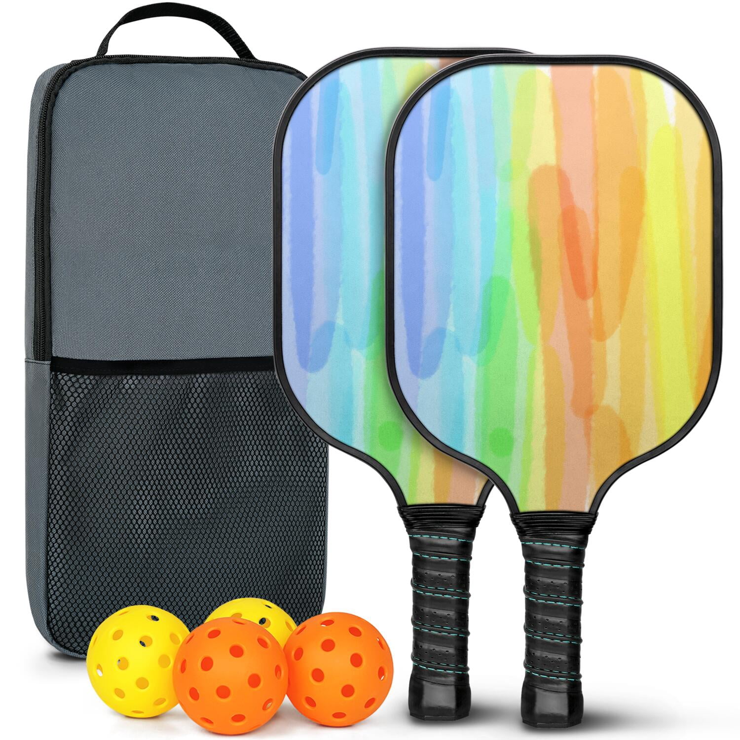 Pickleball Paddles Set Of 2, Fiberglass Surface, Vibrant Rainbow Print, 4 Balls & Bag