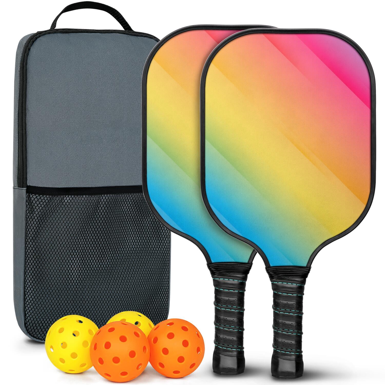 Pickleball Paddles Set Of 2, Fiberglass Surface, Vibrant Rainbow Print, 4 Balls & Bag