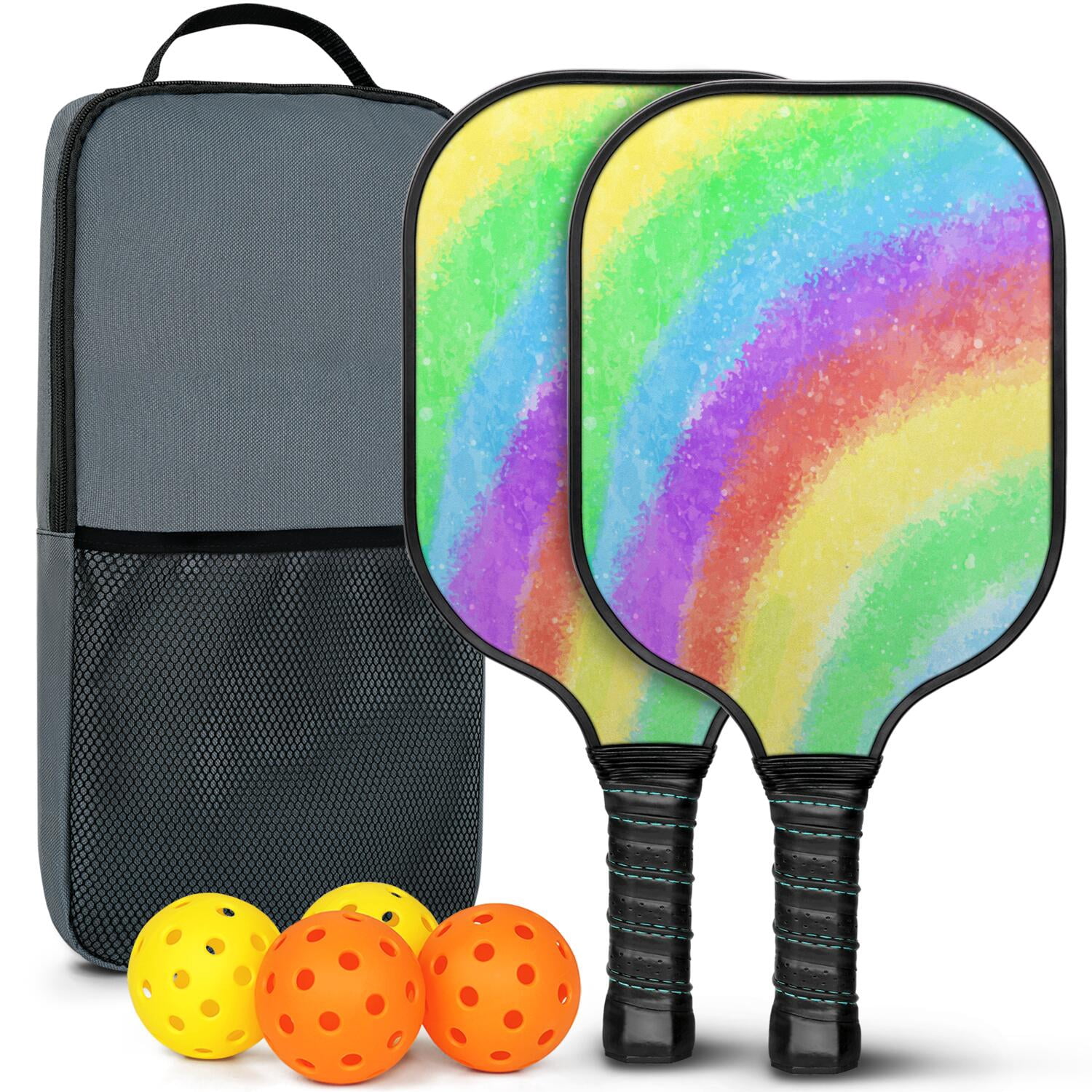 Pickleball Paddles Set Of 2, Fiberglass Surface, Vibrant Rainbow Print, 4 Balls & Bag