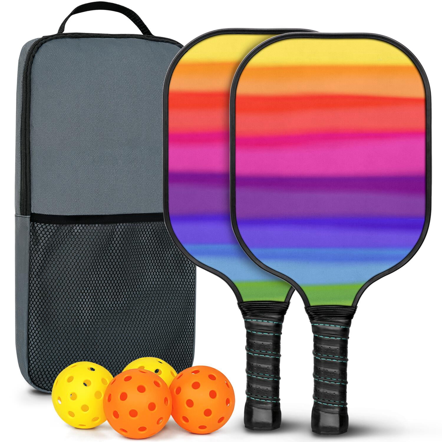 Pickleball Paddles Set Of 2, Fiberglass Surface, Vibrant Rainbow Print, 4 Balls & Bag