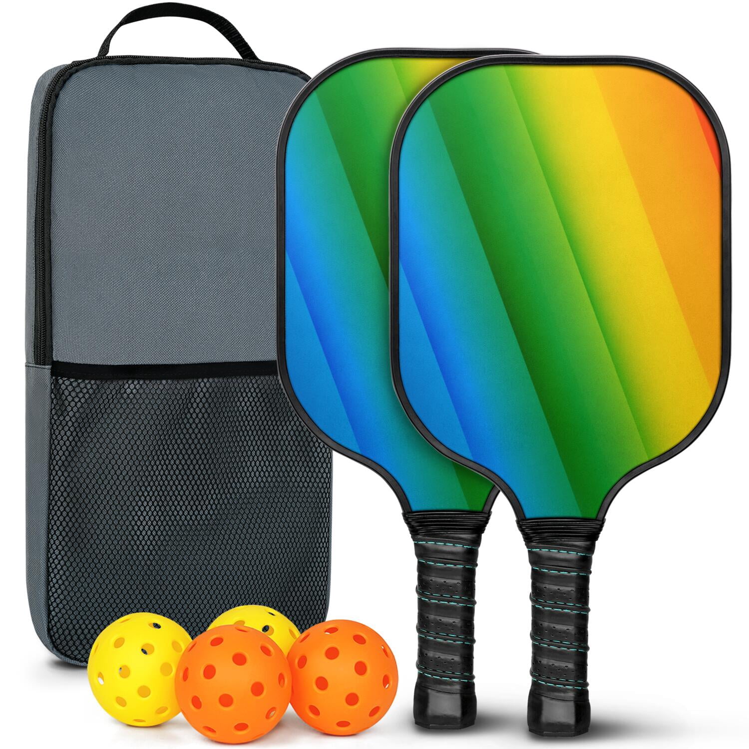 Pickleball Paddles Set Of 2, Fiberglass Surface, Vibrant Rainbow Print, 4 Balls & Bag