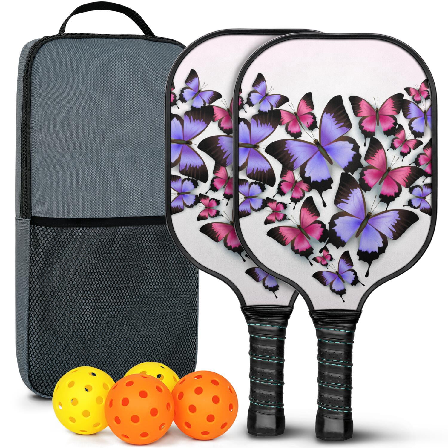 Pickleball Paddles Set Of 2, Fiberglass Surface, Vintage Floral & Butterfly, 4 Balls & Bag