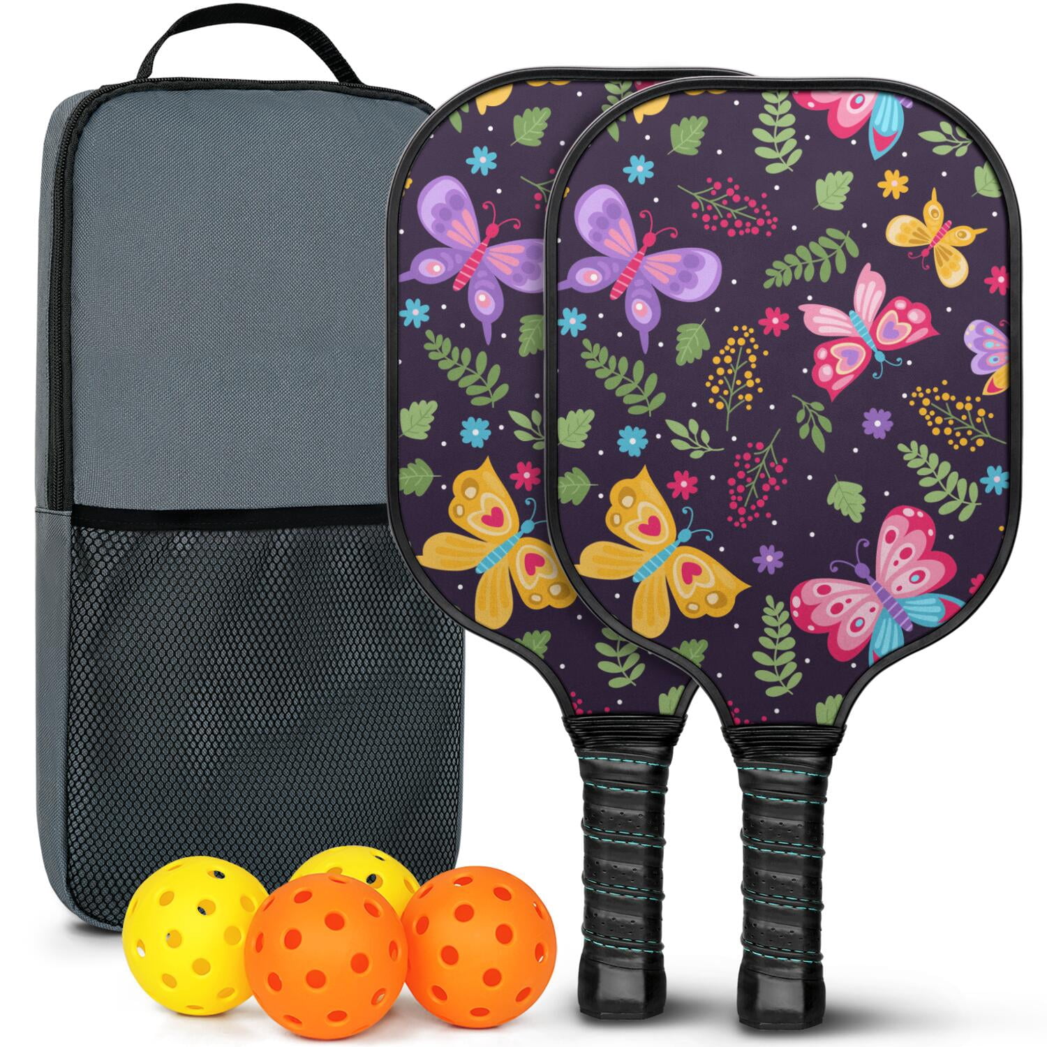 Pickleball Paddles Set Of 2, Fiberglass Surface, Vintage Floral & Butterfly, 4 Balls & Bag