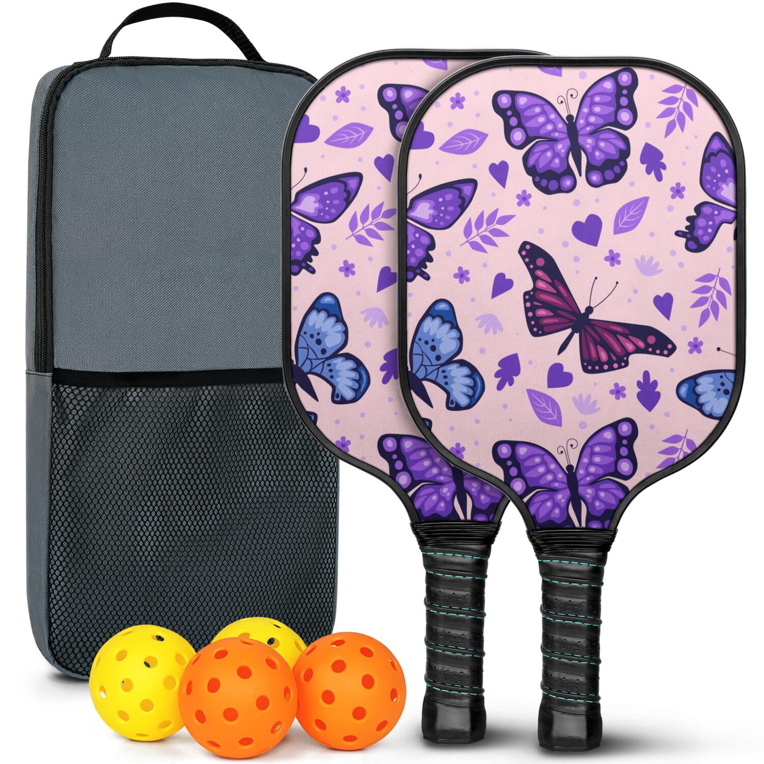Pickleball Paddles Set Of 2, Fiberglass Surface, Vintage Floral & Butterfly, 4 Balls & Bag