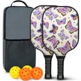 thumbnail image 1 of Pickleball Paddles Set Of 2, Fiberglass Surface, Vintage Floral & Butterfly, 4 Balls & Bag, 1 of 5