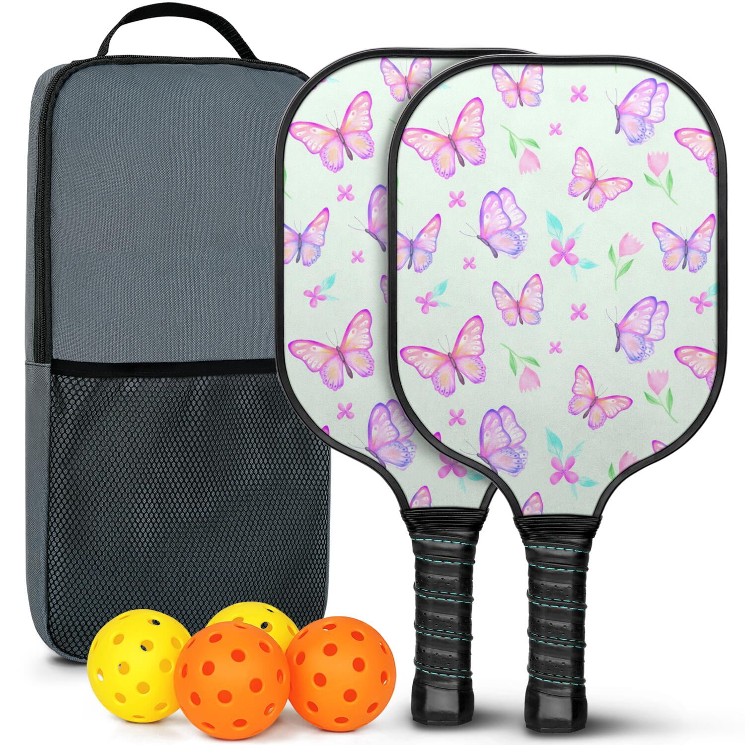 Pickleball Paddles Set Of 2, Fiberglass Surface, Vintage Floral & Butterfly, 4 Balls & Bag