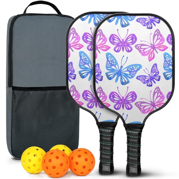 Pickleball Paddles Set Of 2, Fiberglass Surface, Vintage Floral & Butterfly, 4 Balls & Bag