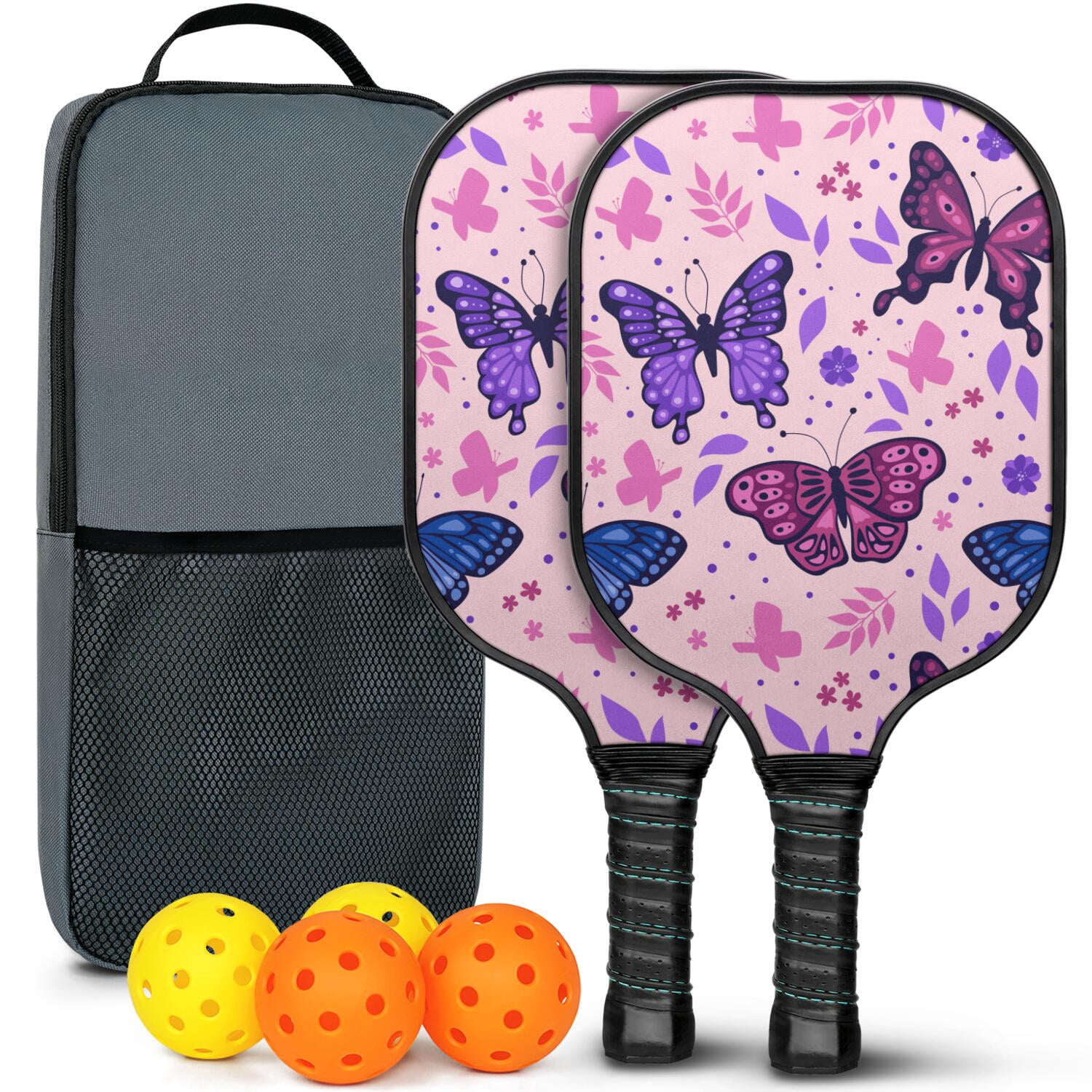 Pickleball Paddles Set Of 2, Fiberglass Surface, Vintage Floral & Butterfly, 4 Balls & Bag