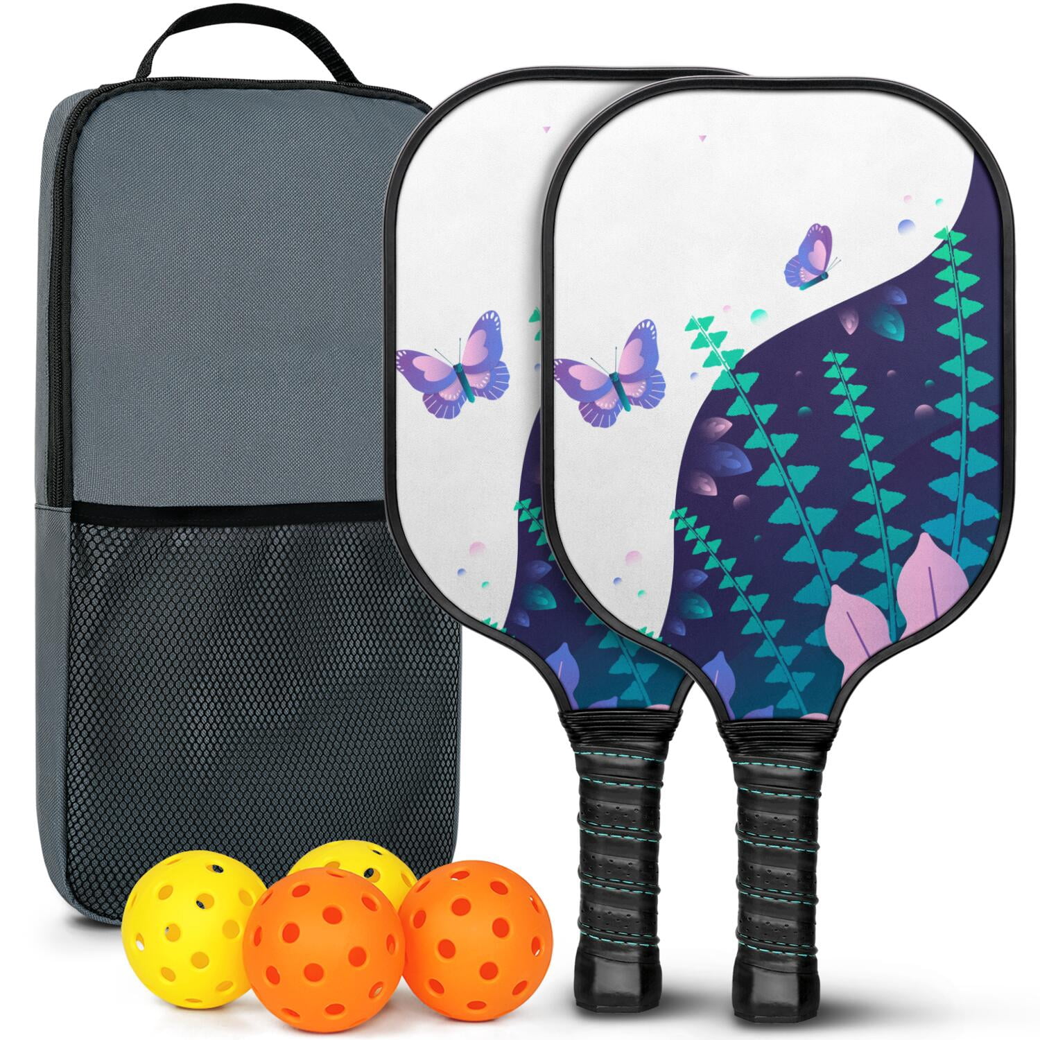 Pickleball Paddles Set Of 2, Fiberglass Surface, Vintage Floral & Butterfly, 4 Balls & Bag