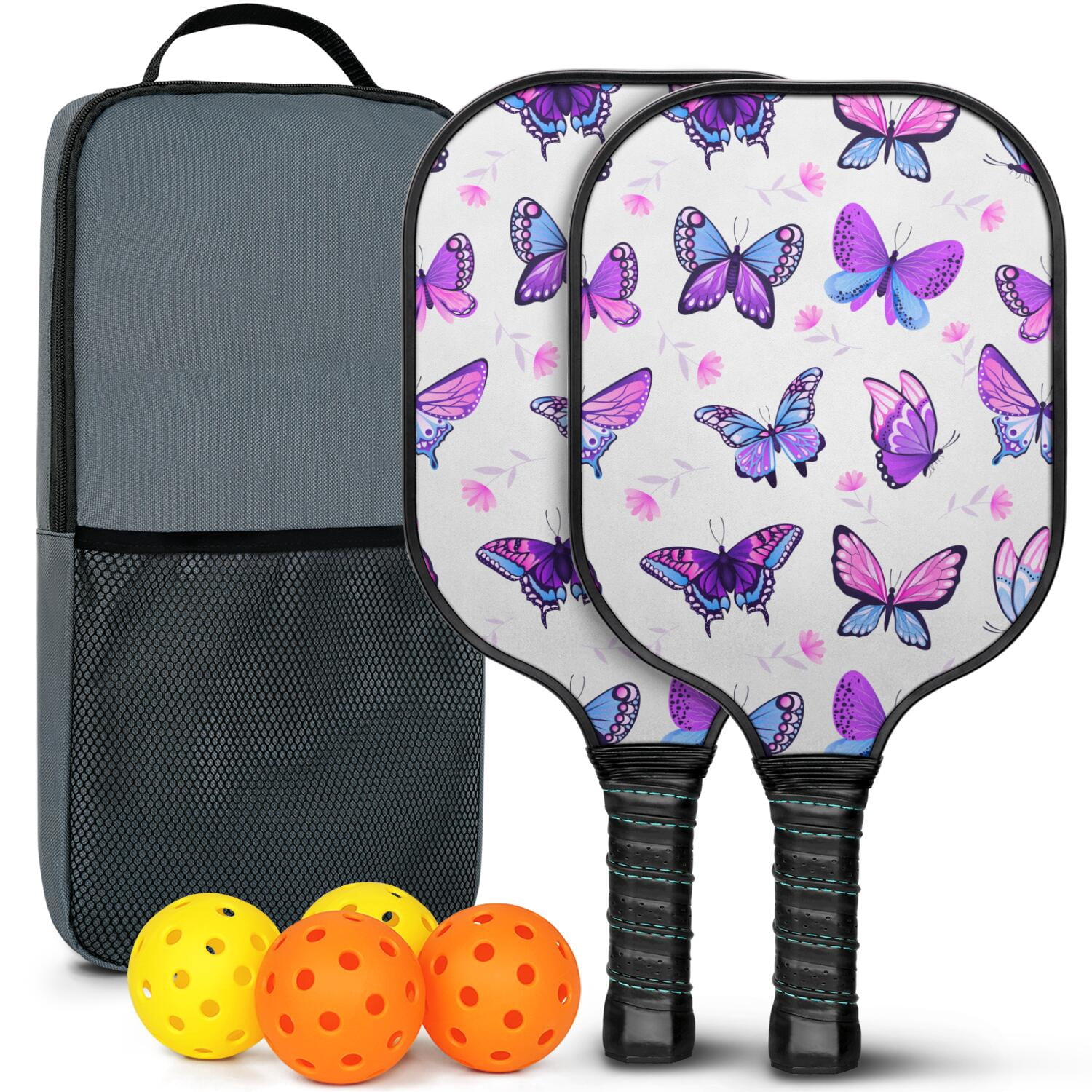 Pickleball Paddles Set Of 2, Fiberglass Surface, Vintage Floral & Butterfly, 4 Balls & Bag