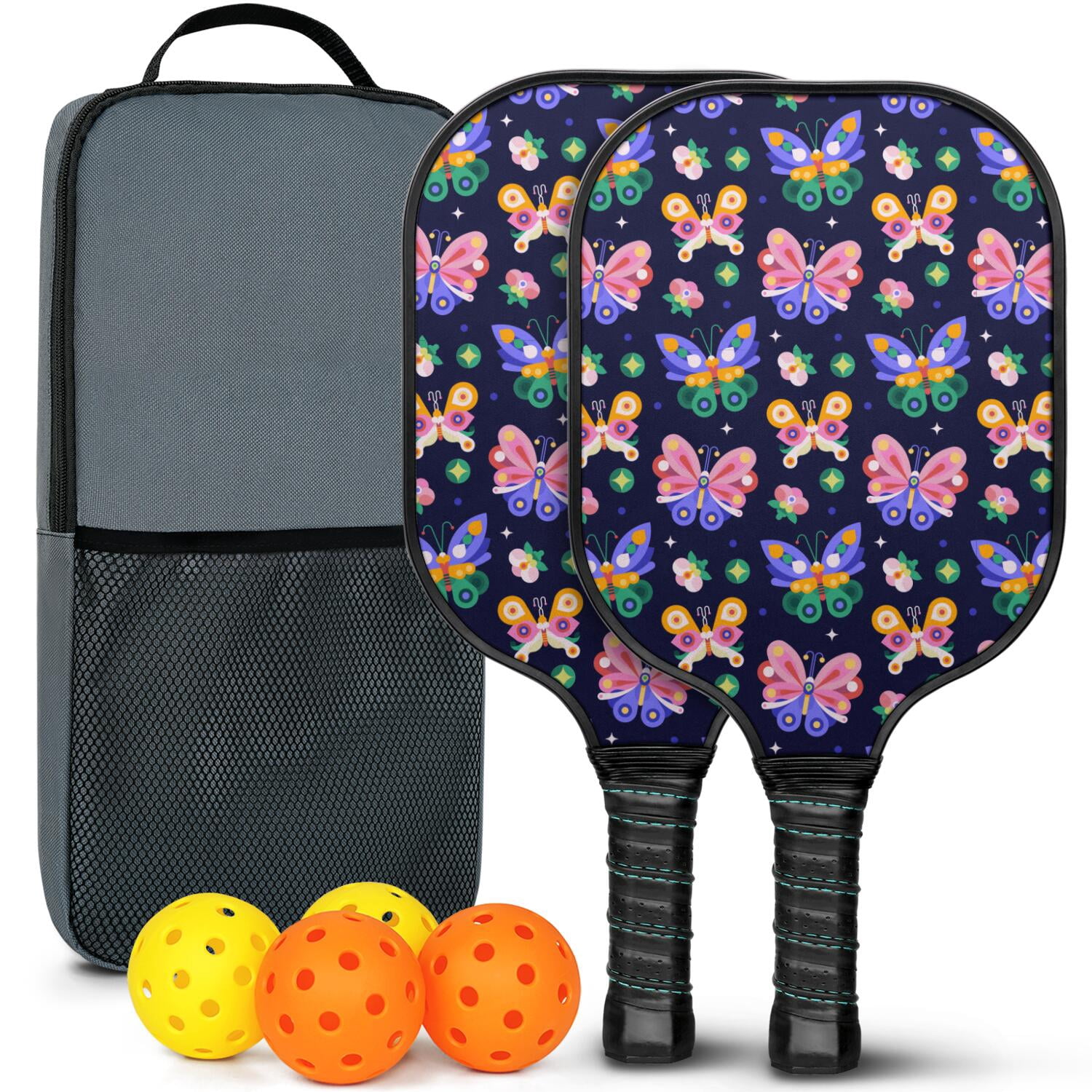 Pickleball Paddles Set Of 2, Fiberglass Surface, Vintage Floral & Butterfly, 4 Balls & Bag