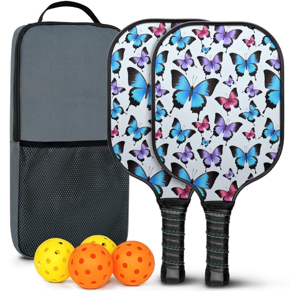 Pickleball Paddles Set Of 2, Fiberglass Surface, Vintage Floral & Butterfly, 4 Balls & Bag