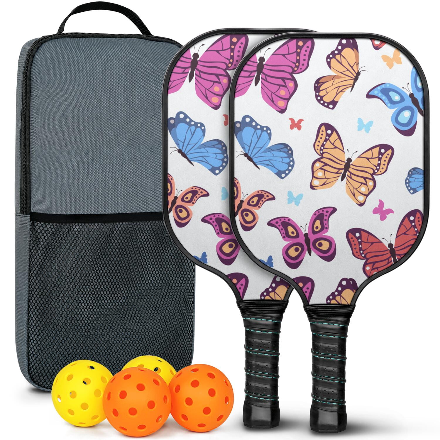 Pickleball Paddles Set Of 2, Fiberglass Surface, Vintage Floral & Butterfly, 4 Balls & Bag