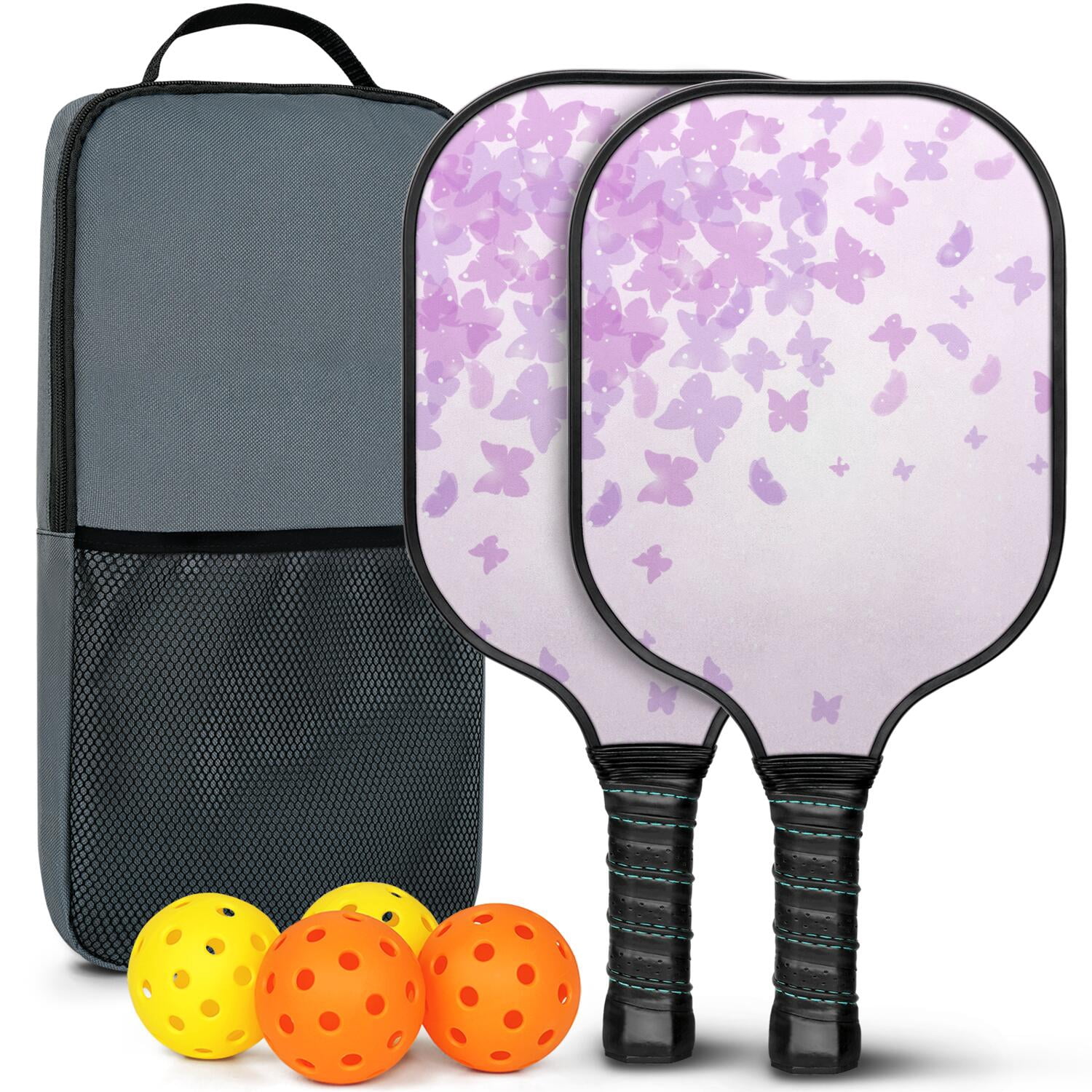 Pickleball Paddles Set Of 2, Fiberglass Surface, Vintage Floral & Butterfly, 4 Balls & Bag