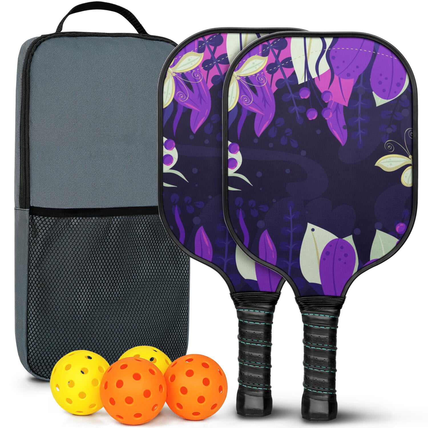 Pickleball Paddles Set Of 2, Fiberglass Surface, Vintage Floral & Butterfly, 4 Balls & Bag