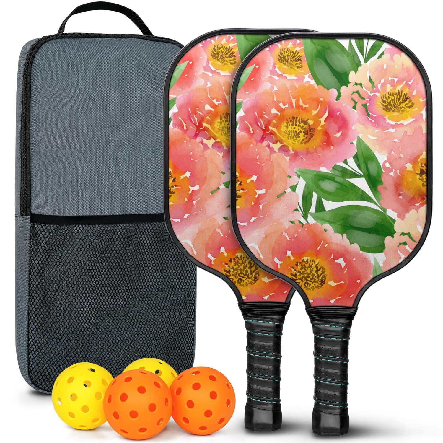 Pickleball Paddles Set Of 2, Fiberglass Surface, Vintage Floral Print, 4 Balls & Bag