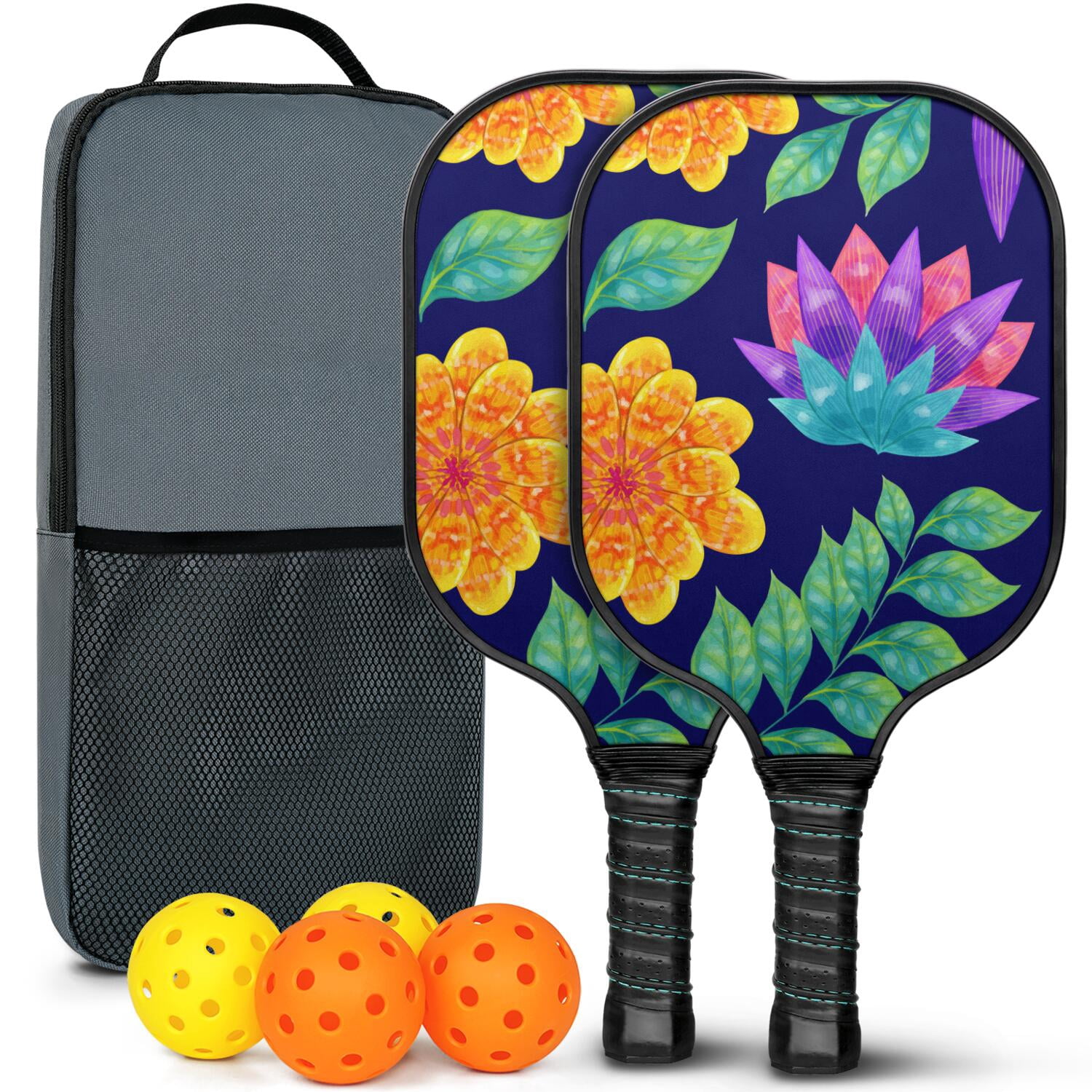 Pickleball Paddles Set Of 2, Fiberglass Surface, Vintage Floral Print, 4 Balls & Bag