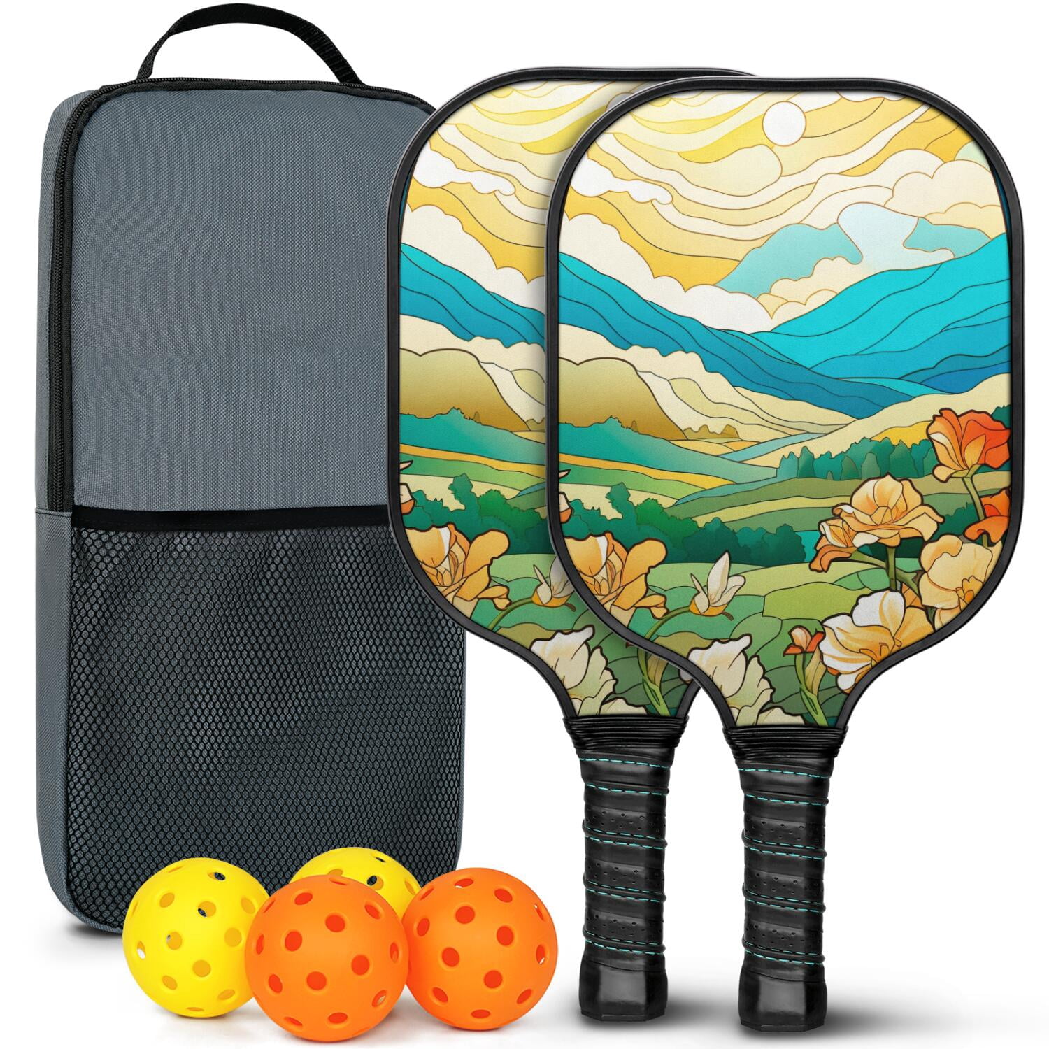 Pickleball Paddles Set Of 2, Fiberglass Surface, Vintage Floral Print, 4 Balls & Bag