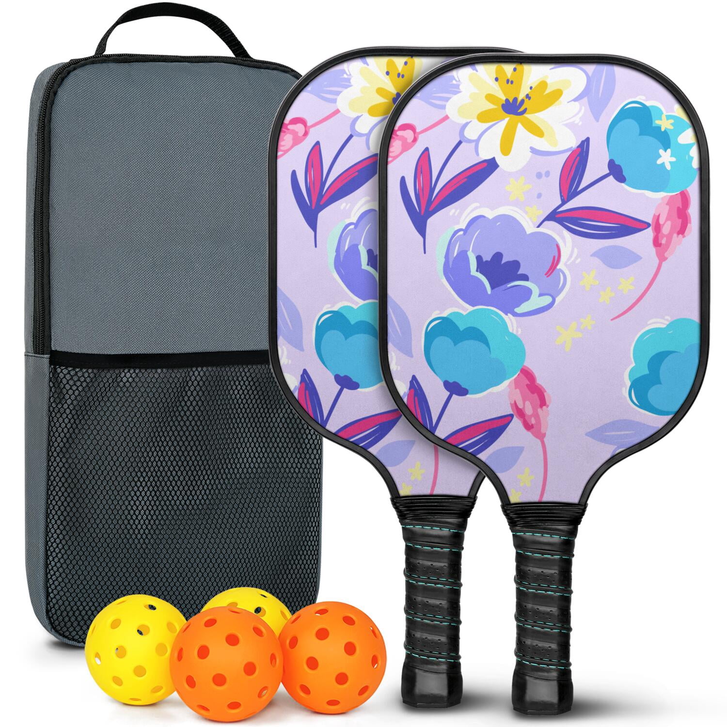 Pickleball Paddles Set Of 2, Fiberglass Surface, Vintage Floral Print, 4 Balls & Bag
