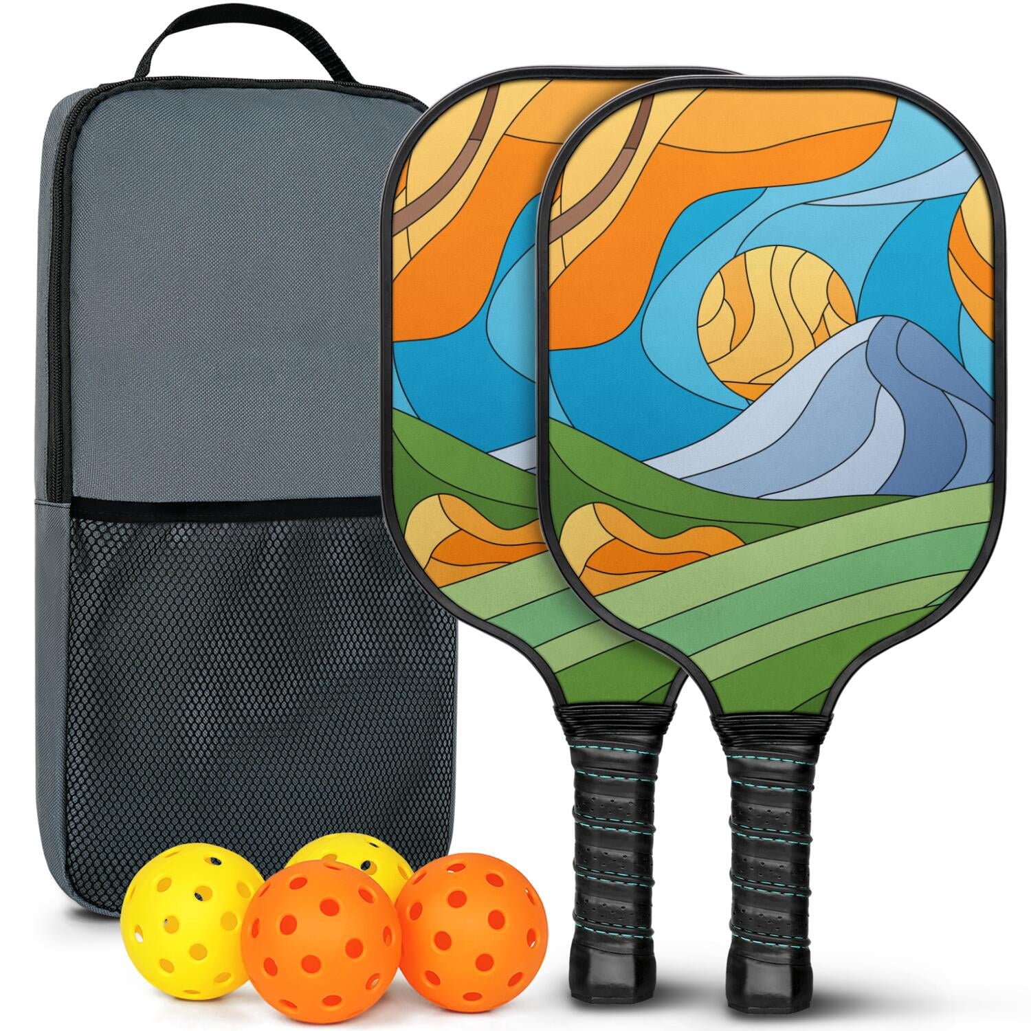 Pickleball Paddles Set Of 2, Fiberglass Surface, Vintage Floral Print, 4 Balls & Bag