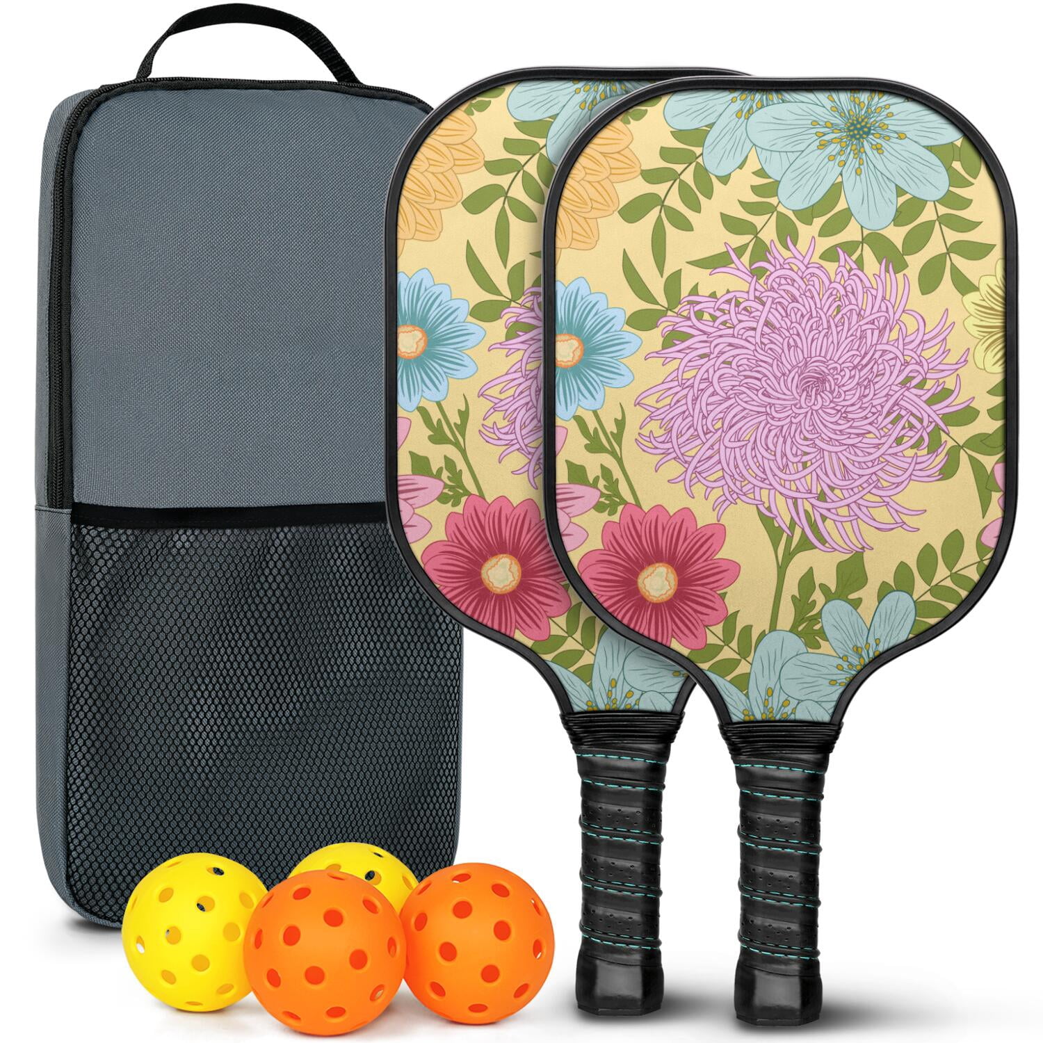 Pickleball Paddles Set Of 2, Fiberglass Surface, Vintage Floral Print, 4 Balls & Bag