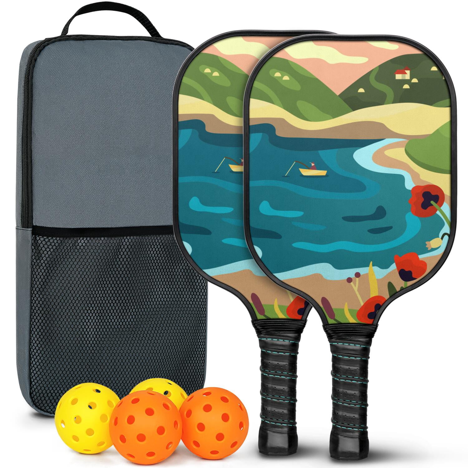 Pickleball Paddles Set Of 2, Fiberglass Surface, Vintage Floral Print, 4 Balls & Bag