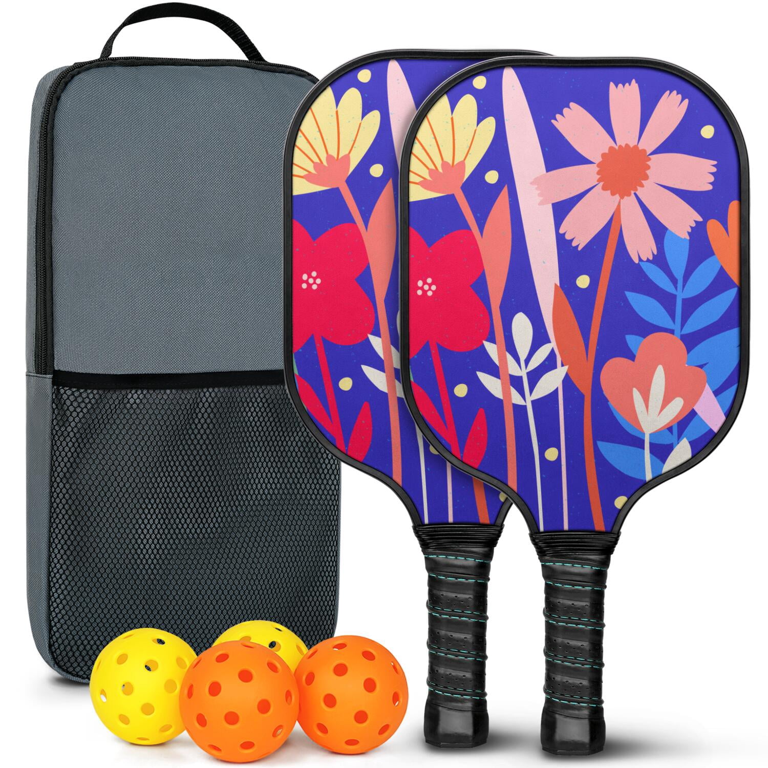 Pickleball Paddles Set Of 2, Fiberglass Surface, Vintage Floral Print, 4 Balls & Bag