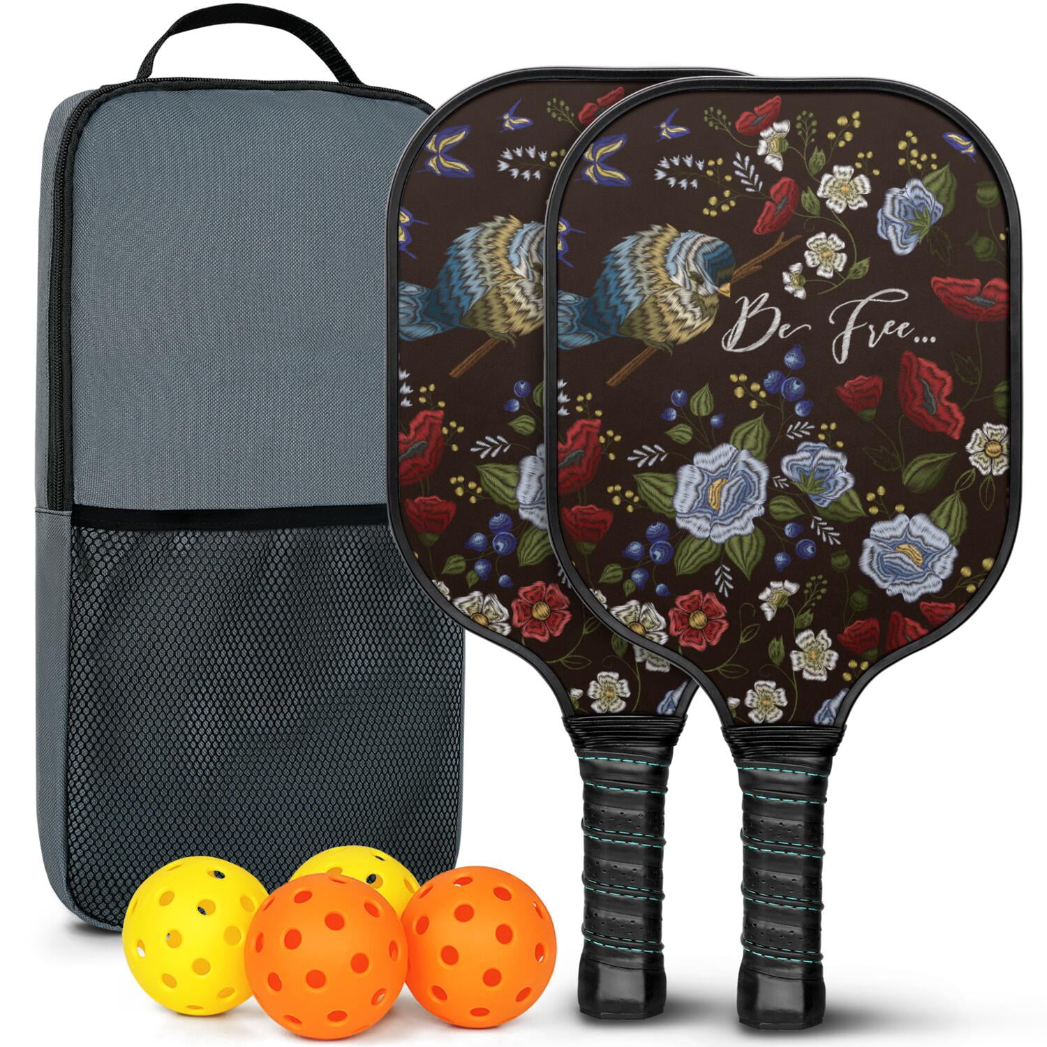 Pickleball Paddles Set Of 2, Fiberglass Surface, Vintage Floral Print, 4 Balls & Bag