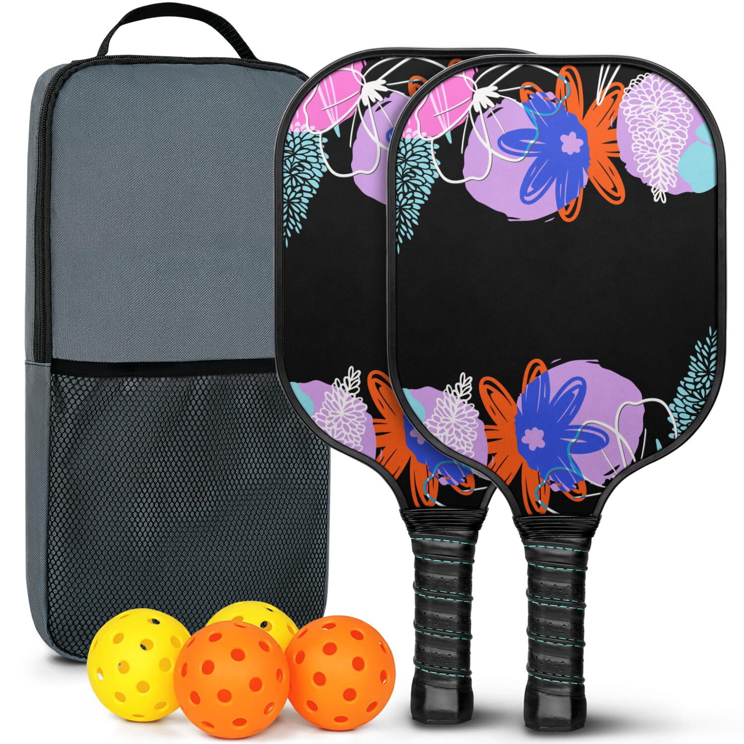 Pickleball Paddles Set Of 2, Fiberglass Surface, Vintage Floral Print, 4 Balls & Bag