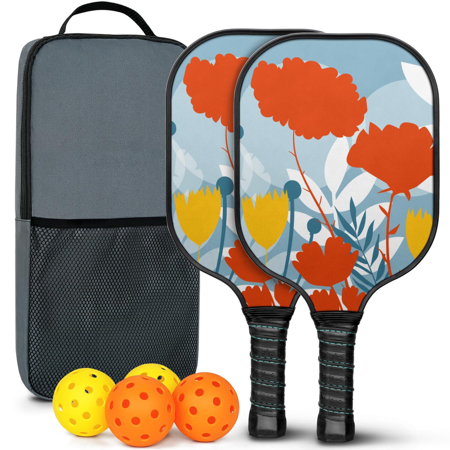 Pickleball Paddles Set Of 2, Fiberglass Surface, Vintage Floral Print, 4 Balls & Bag