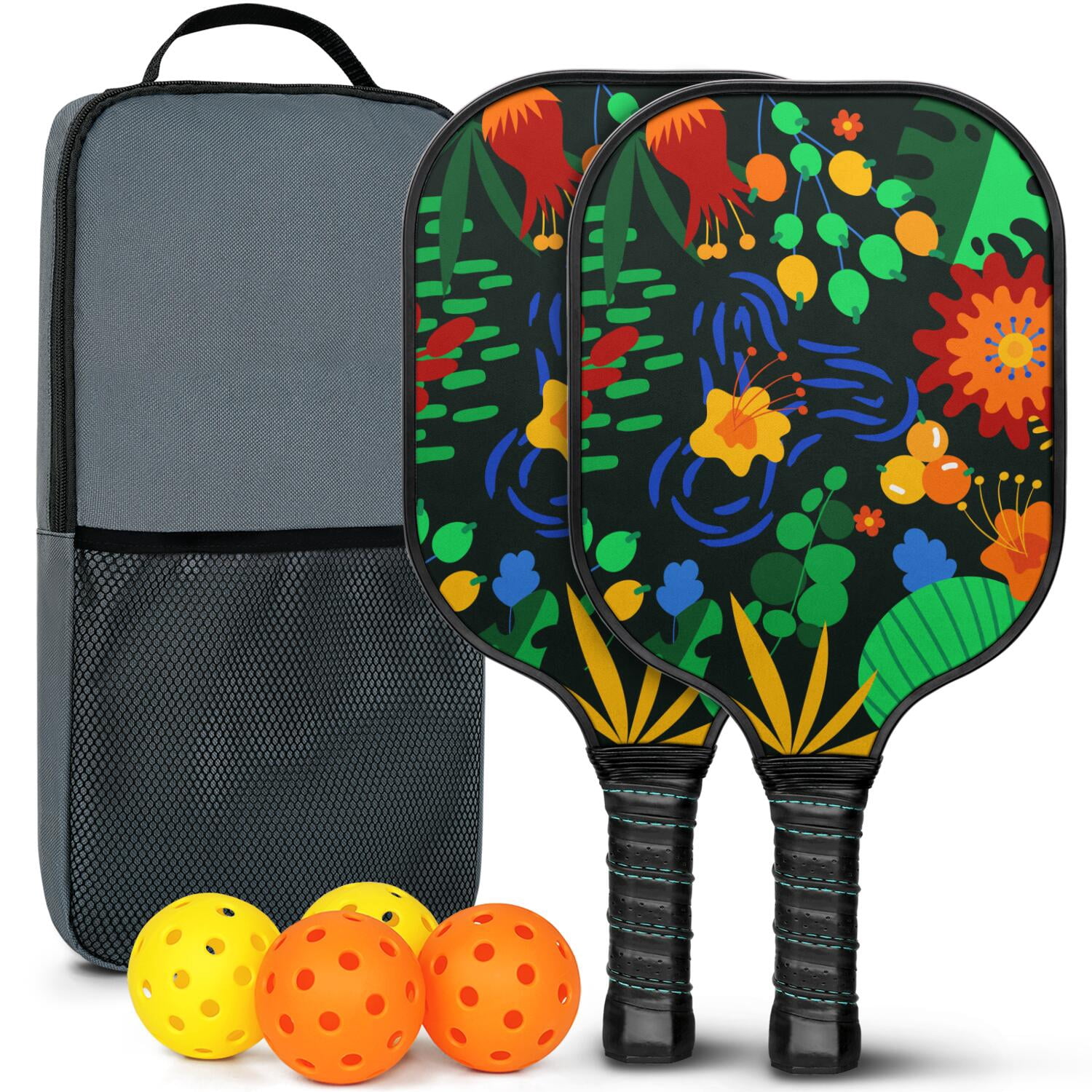 Pickleball Paddles Set Of 2, Fiberglass Surface, Vintage Floral Print, 4 Balls & Bag