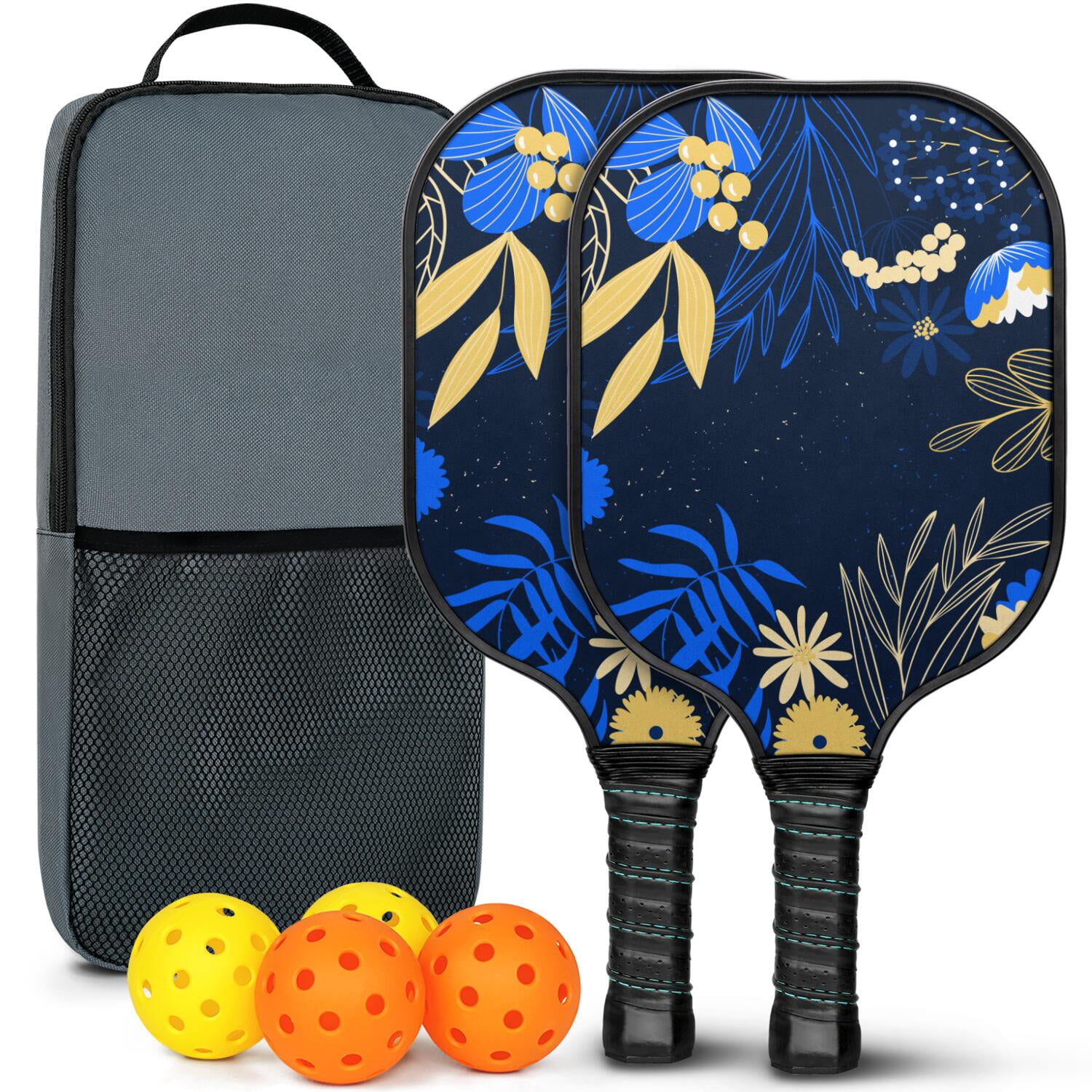 Pickleball Paddles Set Of 2, Fiberglass Surface, Vintage Floral Print, 4 Balls & Bag
