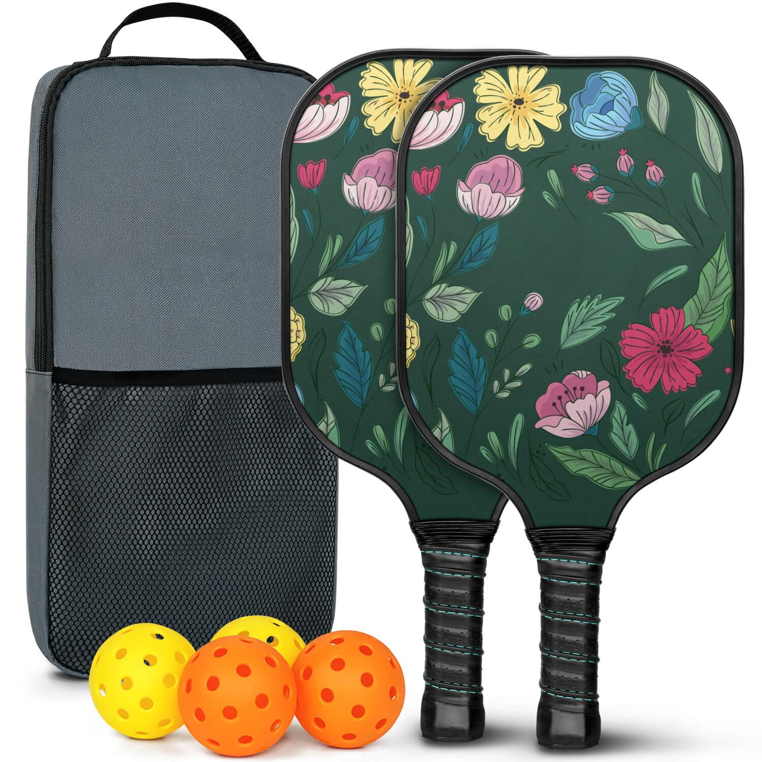 Pickleball Paddles Set Of 2, Fiberglass Surface, Vintage Floral Print, 4 Balls & Bag