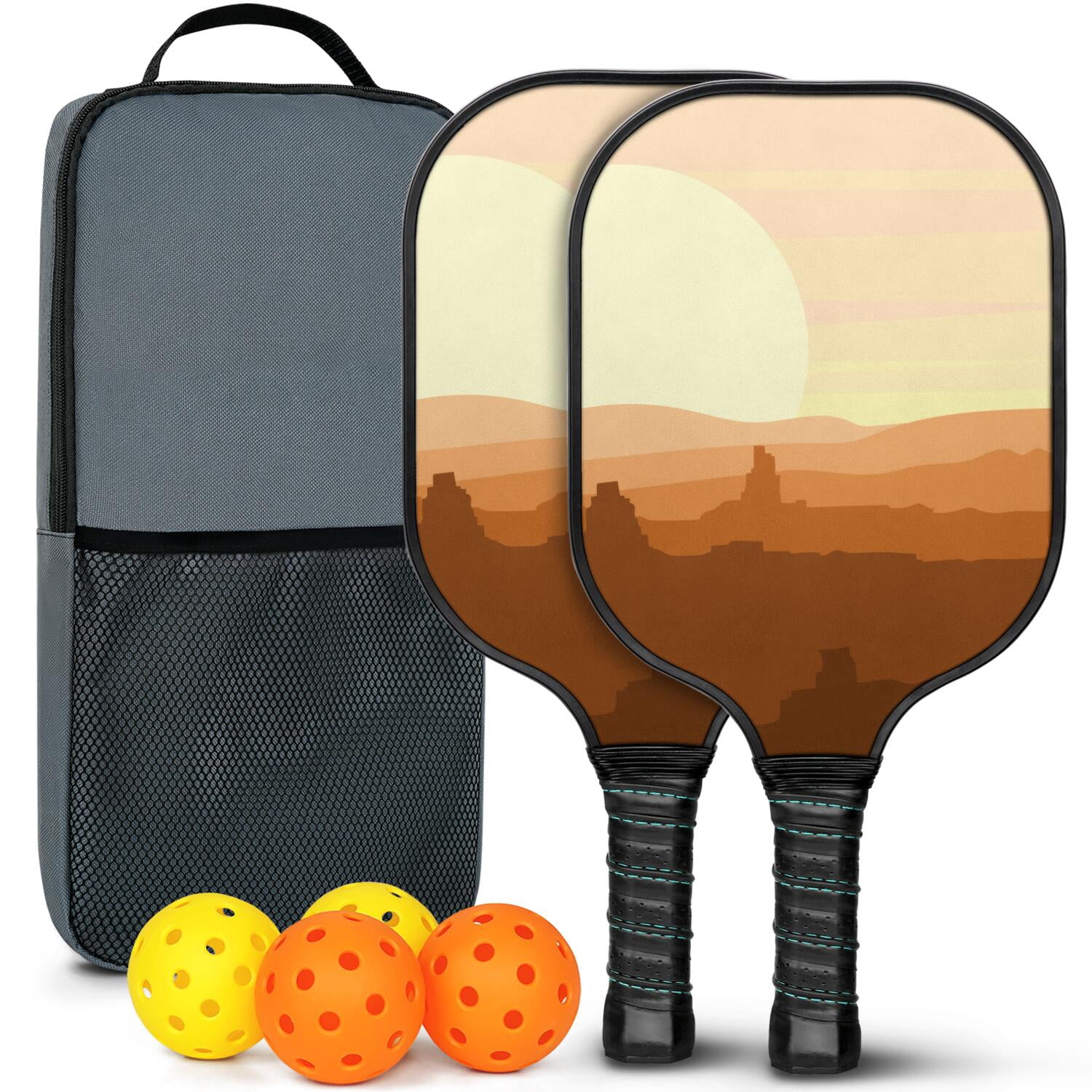 Pickleball Paddles Set Of 2, Fiberglass Surface, West & Cowboy Print, 4 Balls & Bag