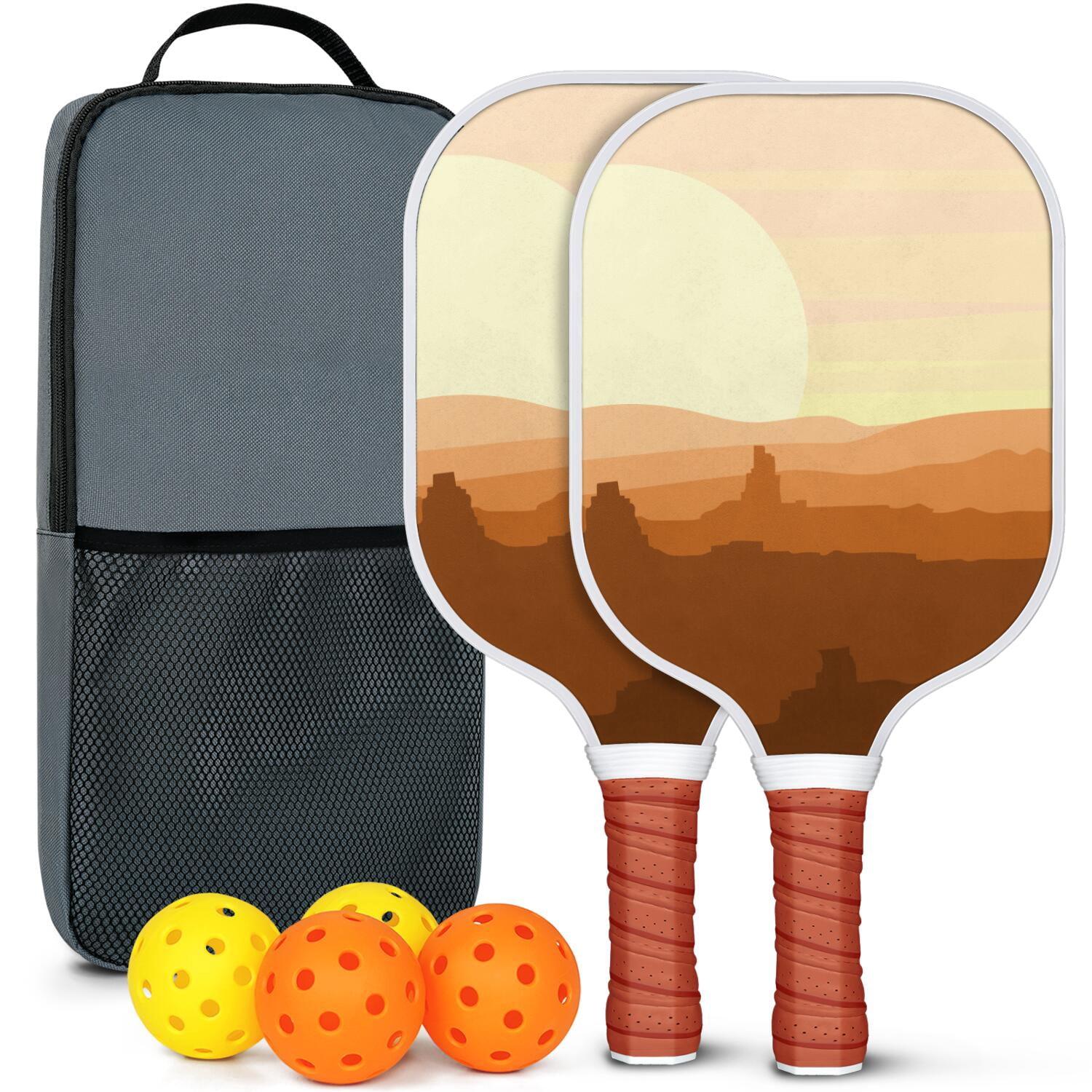 Pickleball Paddles Set Of 2, Fiberglass Surface, West & Cowboy Print, 4 Balls & Bag
