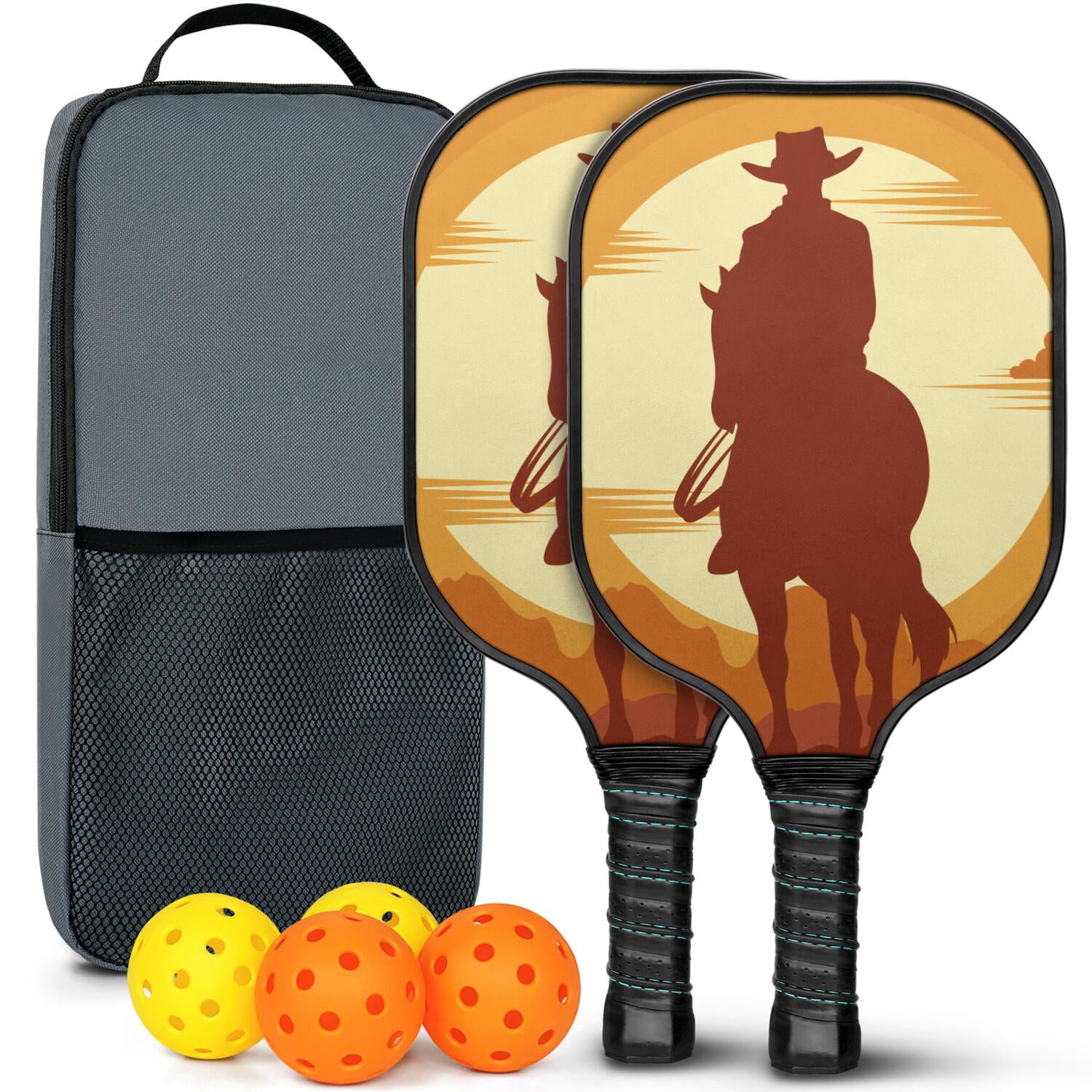 Pickleball Paddles Set Of 2, Fiberglass Surface, West & Cowboy Print, 4 Balls & Bag